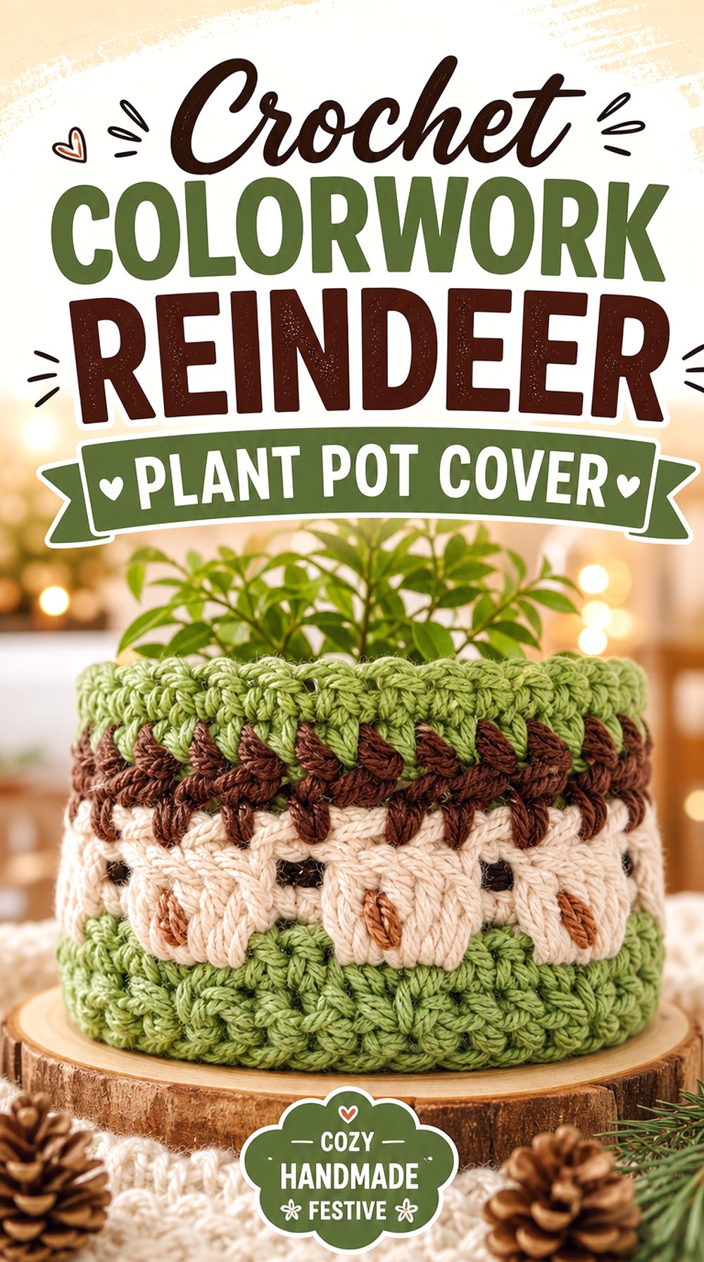 Crochet Colorwork Reindeer Plant Pot Cover