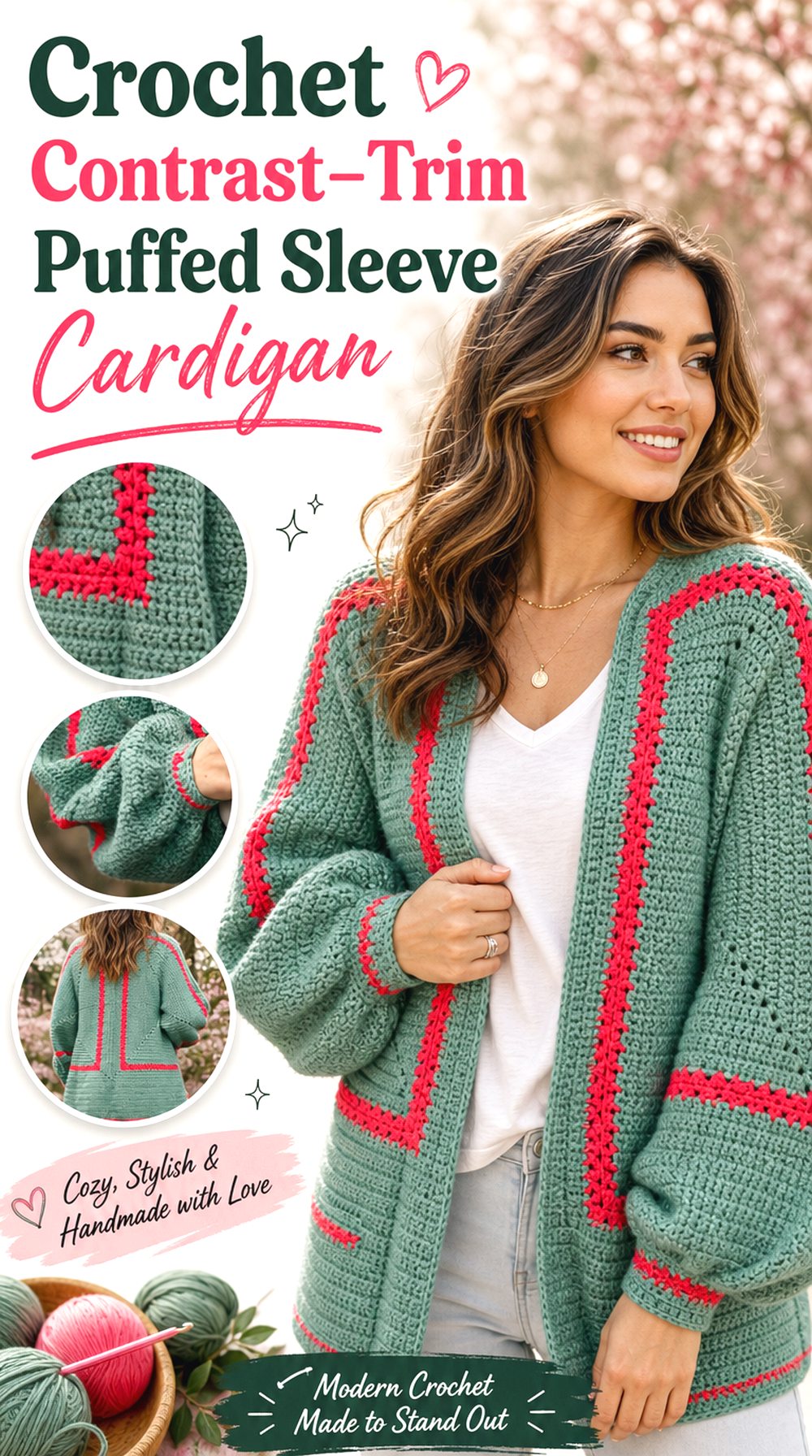 Crochet Contrast Trim Puffed Sleeve Cardigan