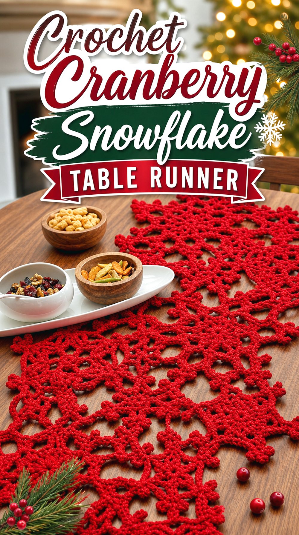 Crochet Cranberry Snowflake Table Runner