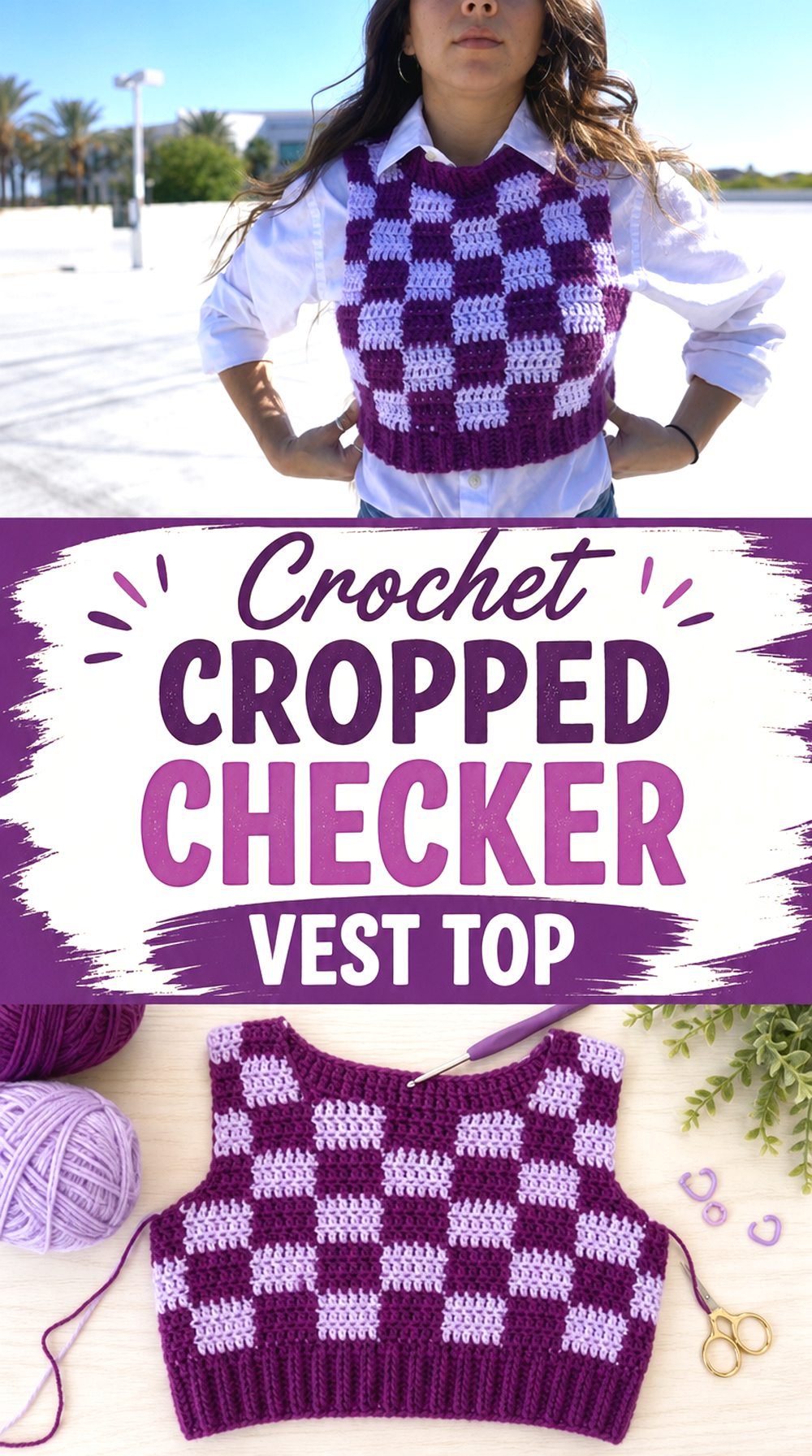 Crochet Cropped Checker Vest Top