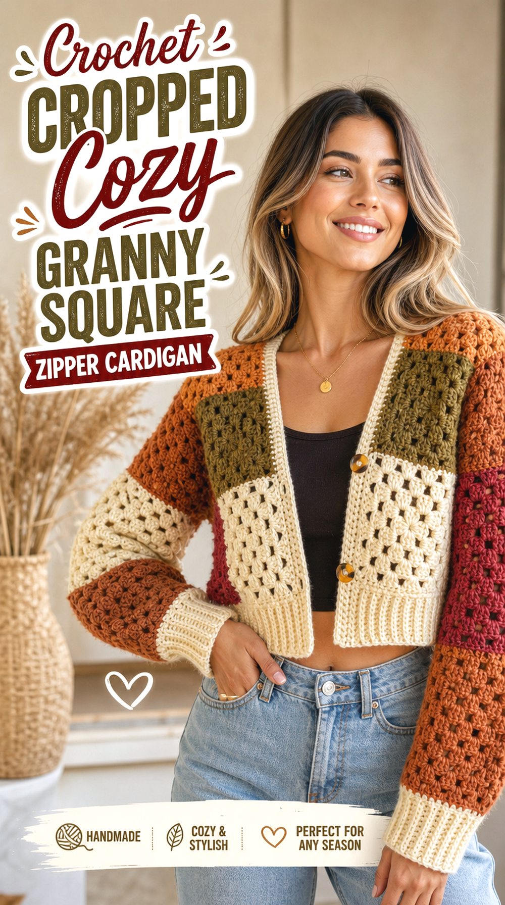 Crochet Cropped Cozy Granny Square Zipper Cardigan