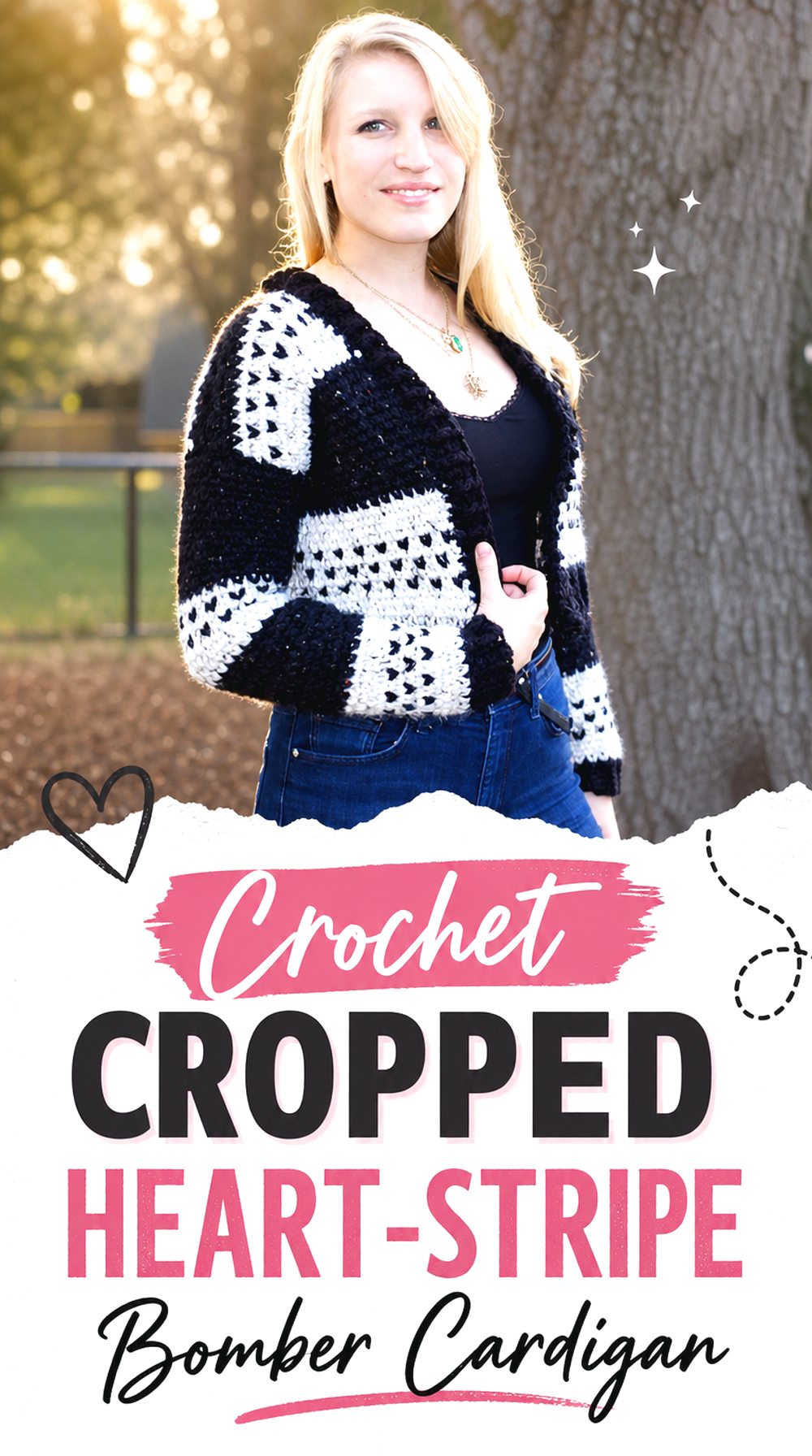 Crochet Cropped Heart Stripe Bomber Cardigan