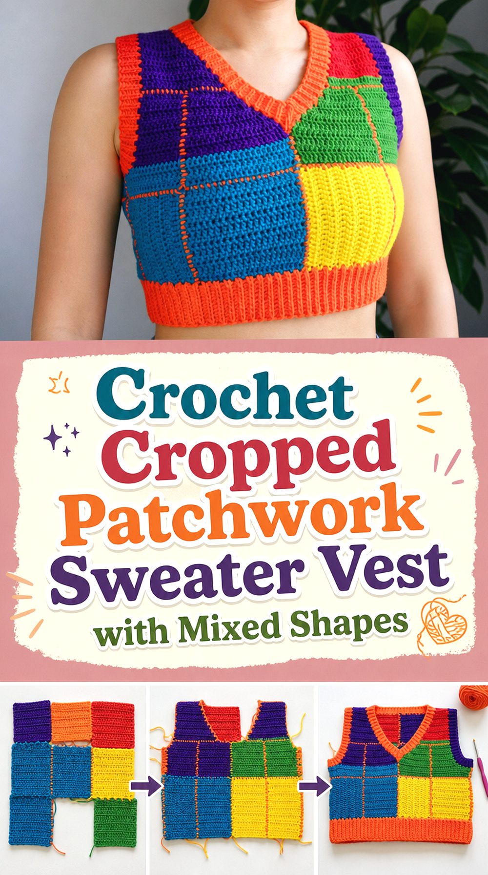Crochet Cropped Patchwork Sweater Vest with Mixed Shapes