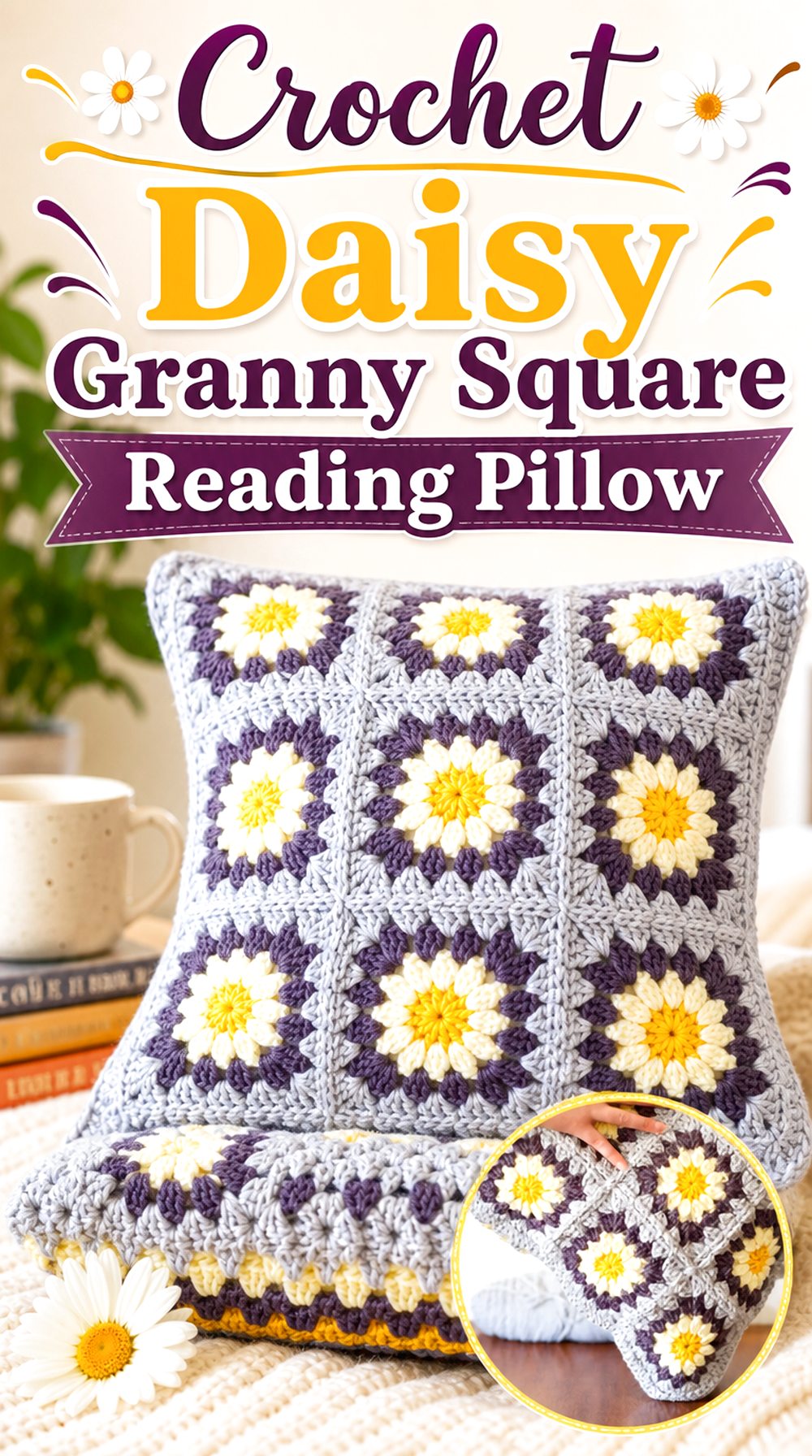 Crochet Daisy Granny Square Reading Pillow
