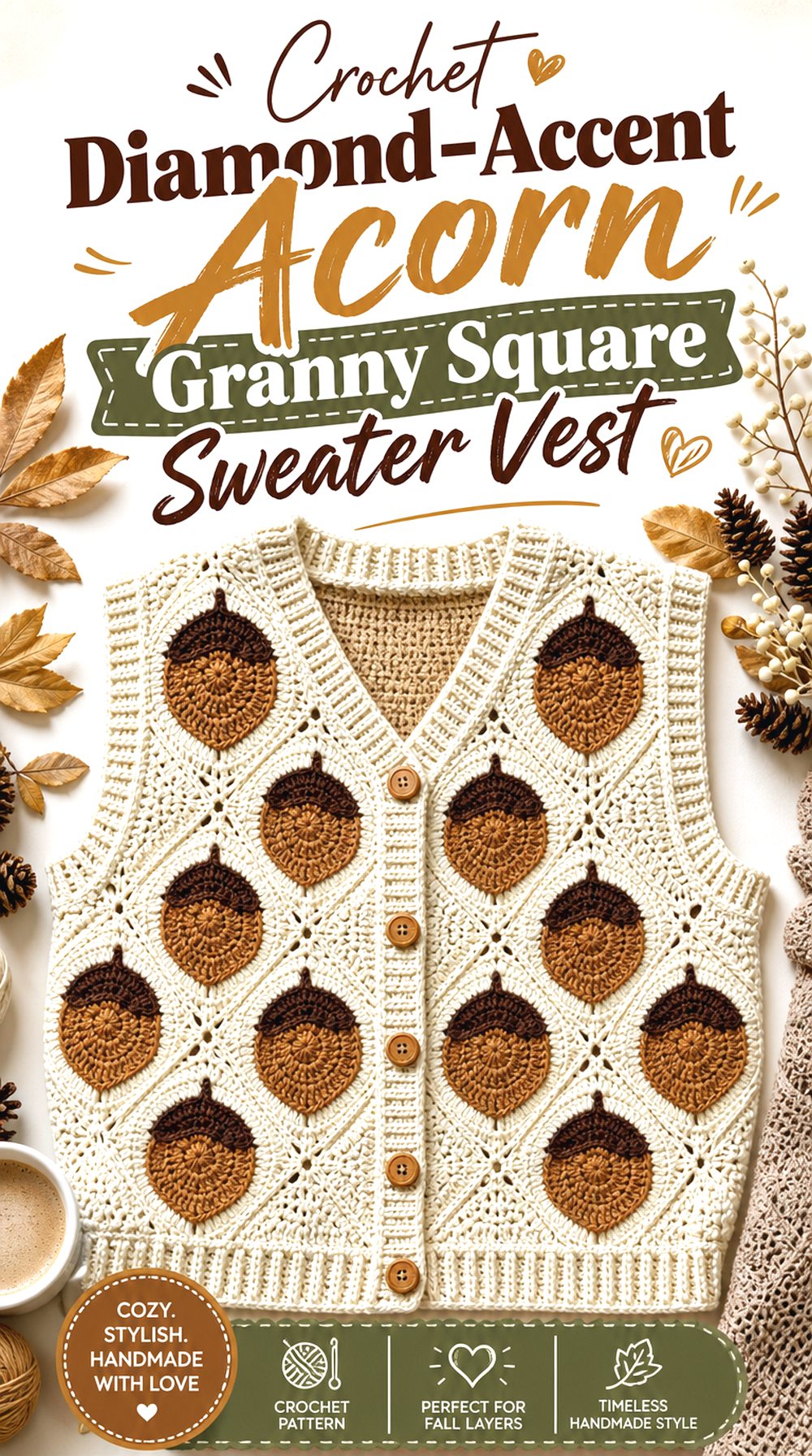 Crochet Diamond Accent Acorn Granny Square Sweater Vest