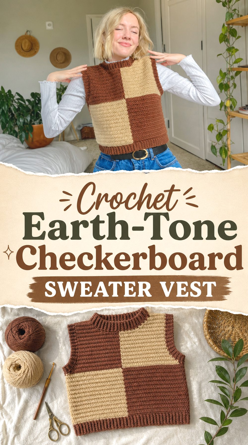Crochet Earth Tone Checkerboard Sweater Vest