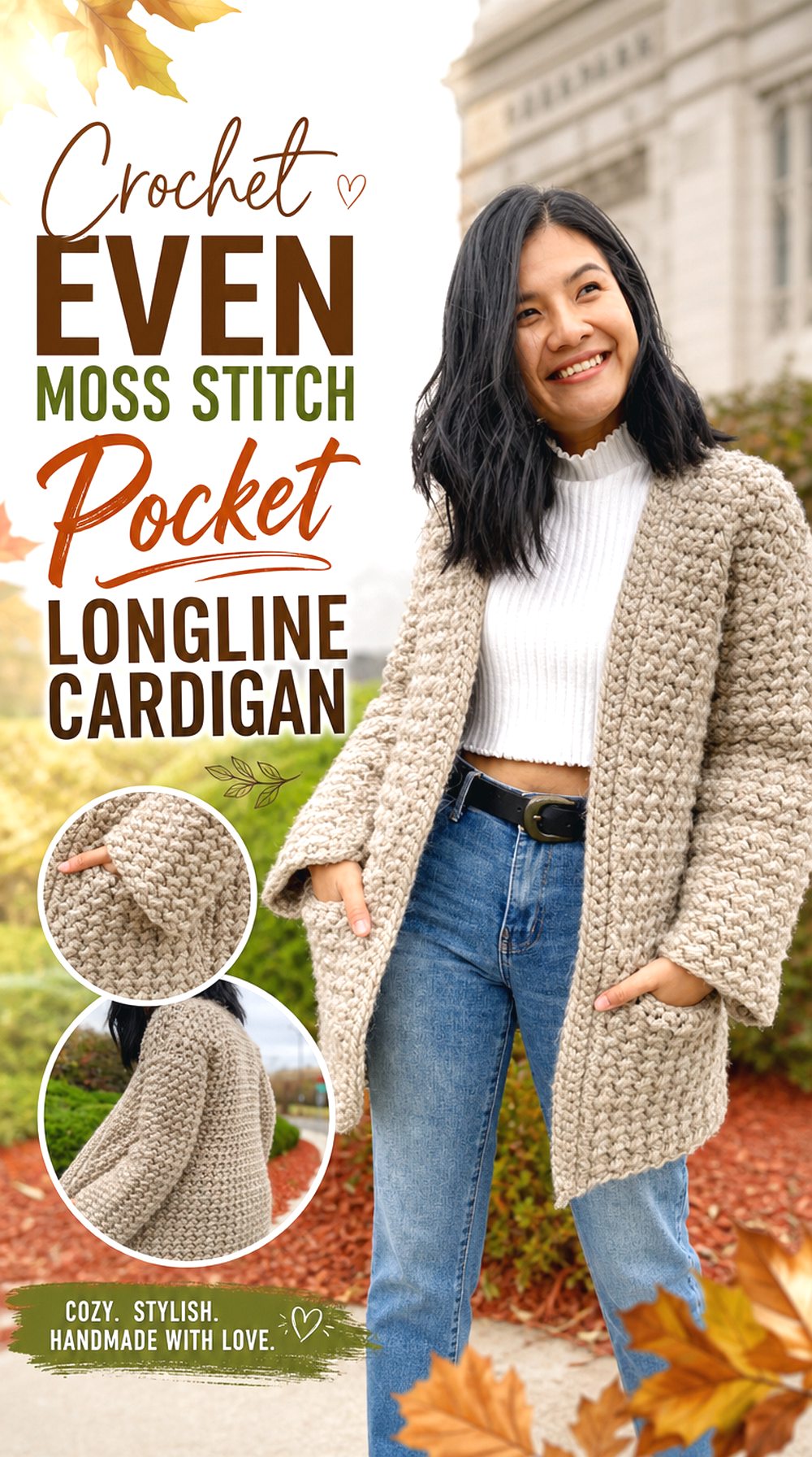 Crochet Even Moss Stitch Pocket Longline Cardigan