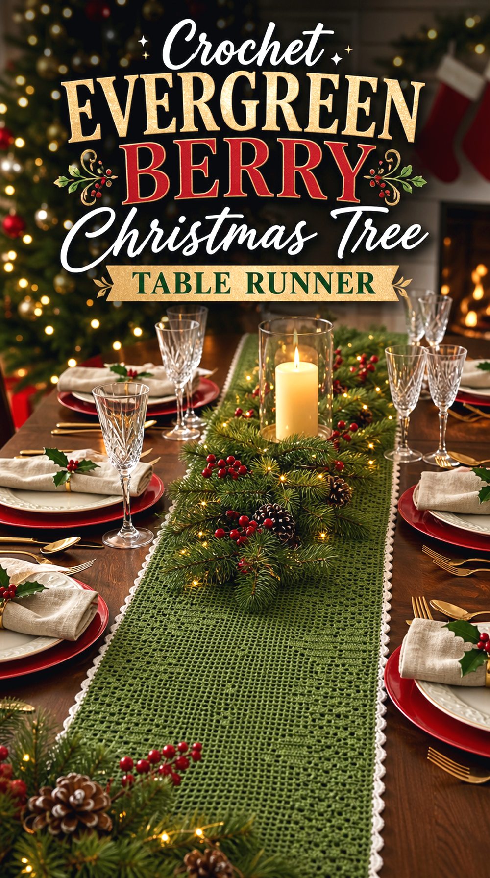 Crochet Evergreen Berry Christmas Tree Table Runner