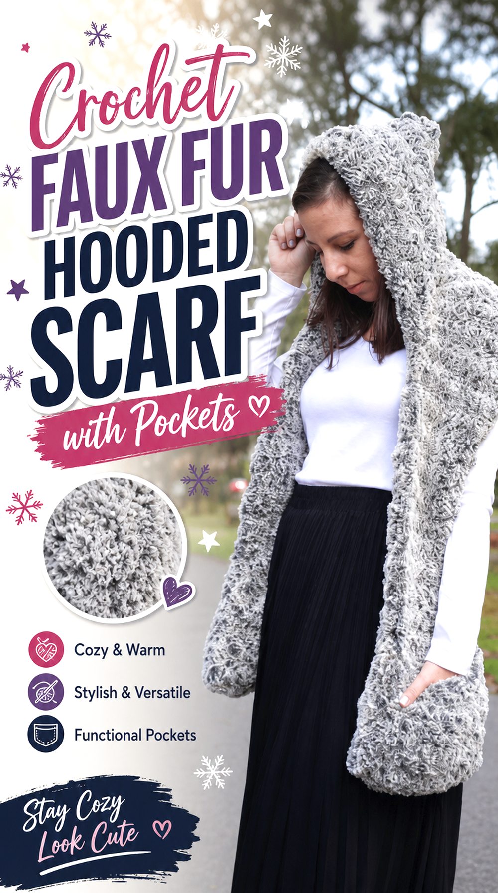 Crochet Faux Fur Hooded Scarf with Pockets