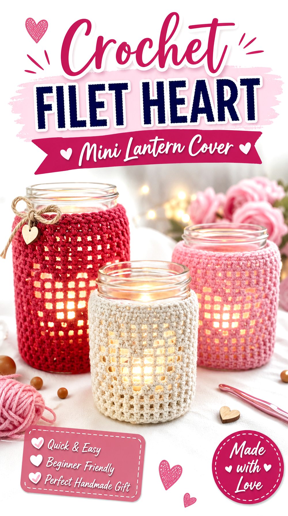 Crochet Filet Heart Mini Lantern Cover