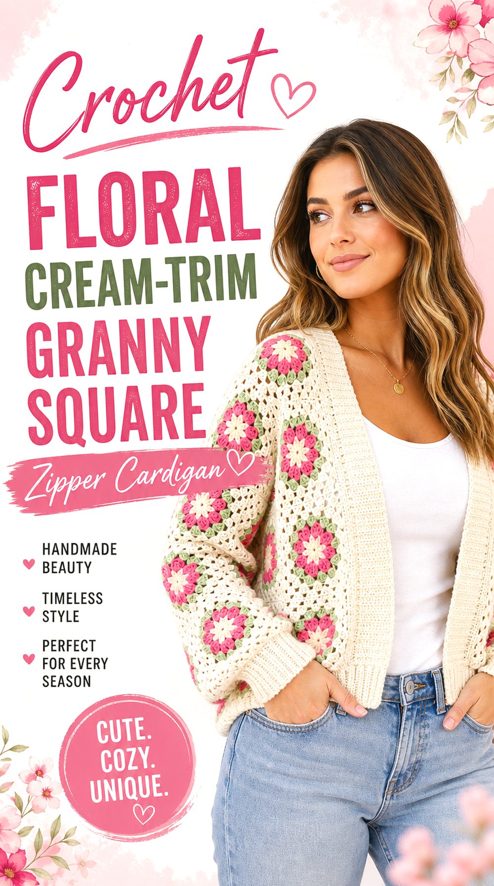 Crochet Floral Cream Trim Granny Square Zipper Cardigan