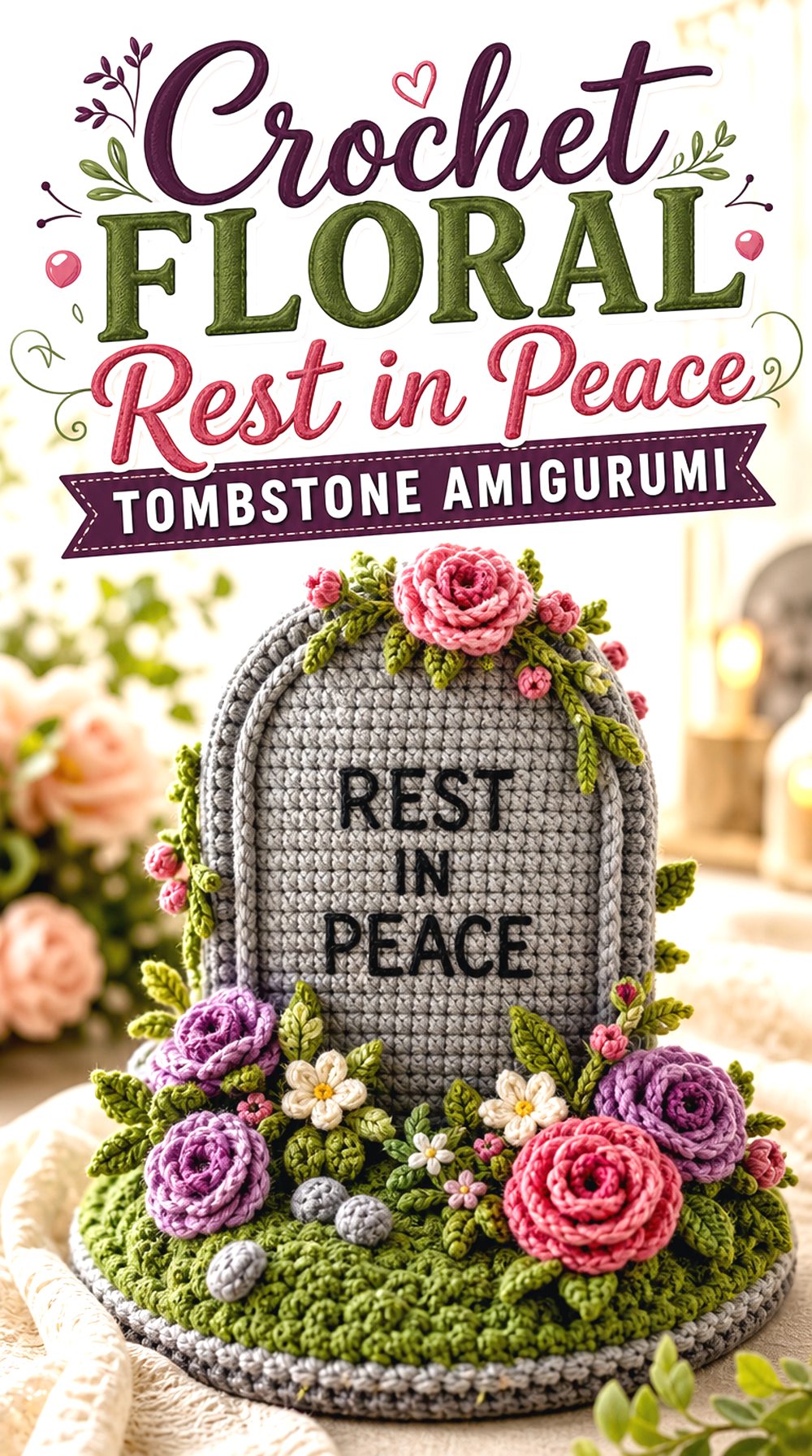 Crochet Floral Rest in Peace Tombstone Amigurumi