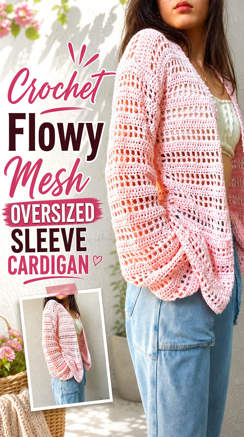 Crochet Flowy Mesh Oversized Sleeve Cardigan
