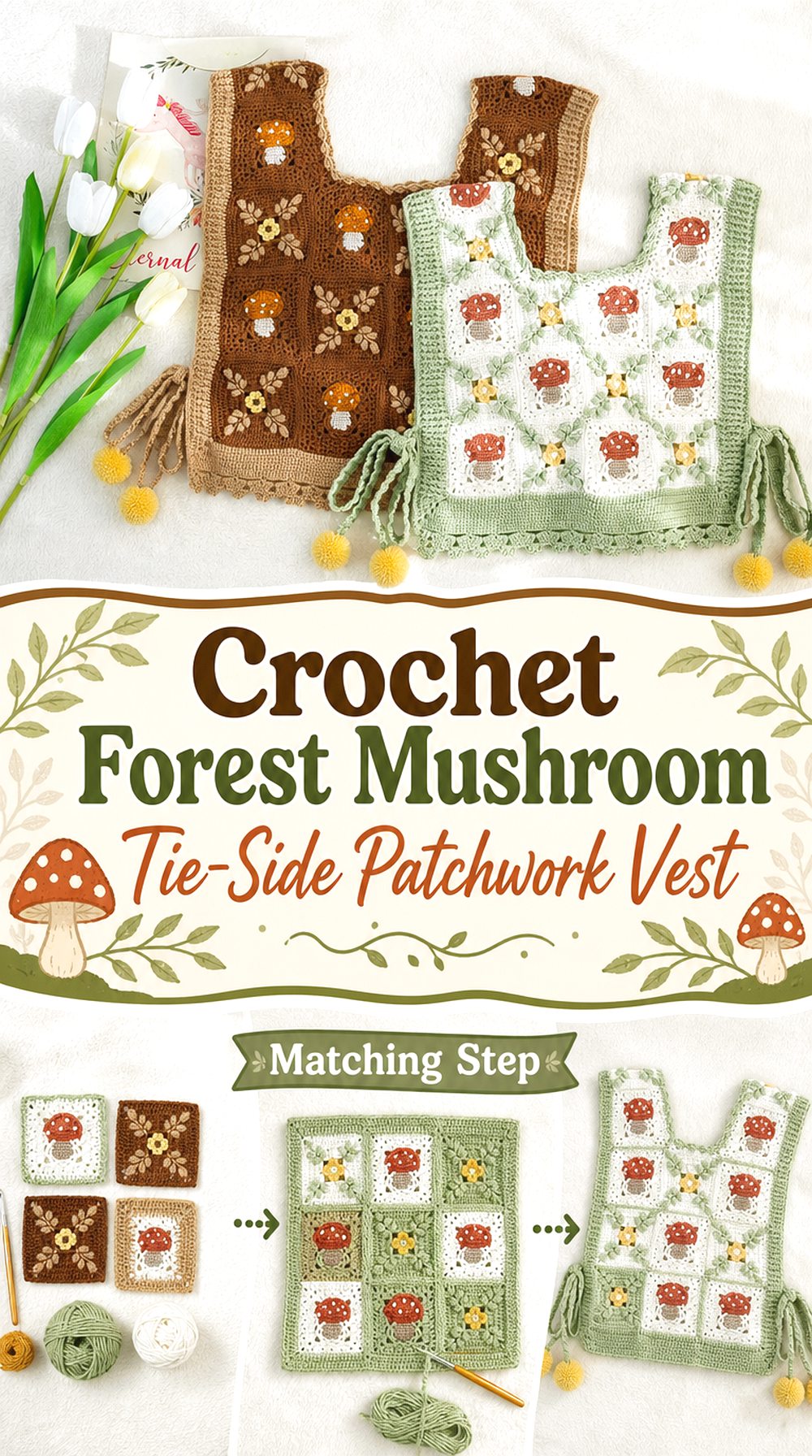 Crochet Forest Mushroom Tie Side Patchwork Vest