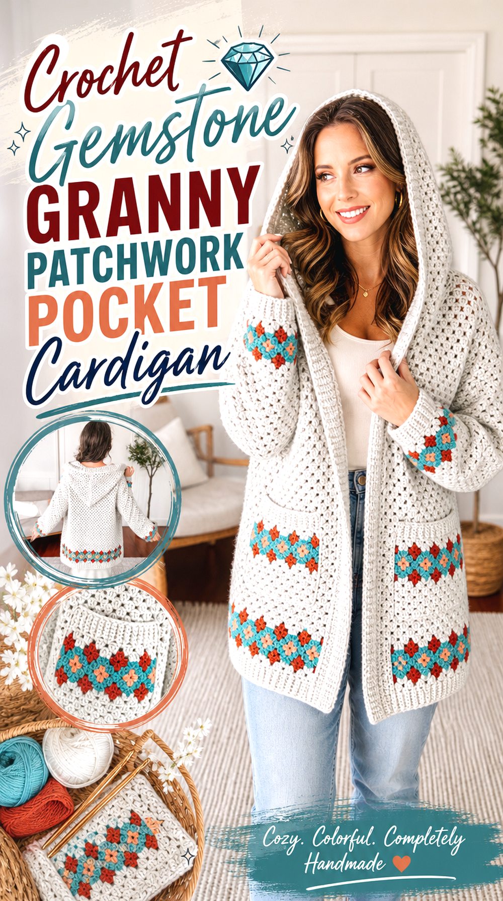 Crochet Gemstone Granny Patchwork Pocket Cardigan