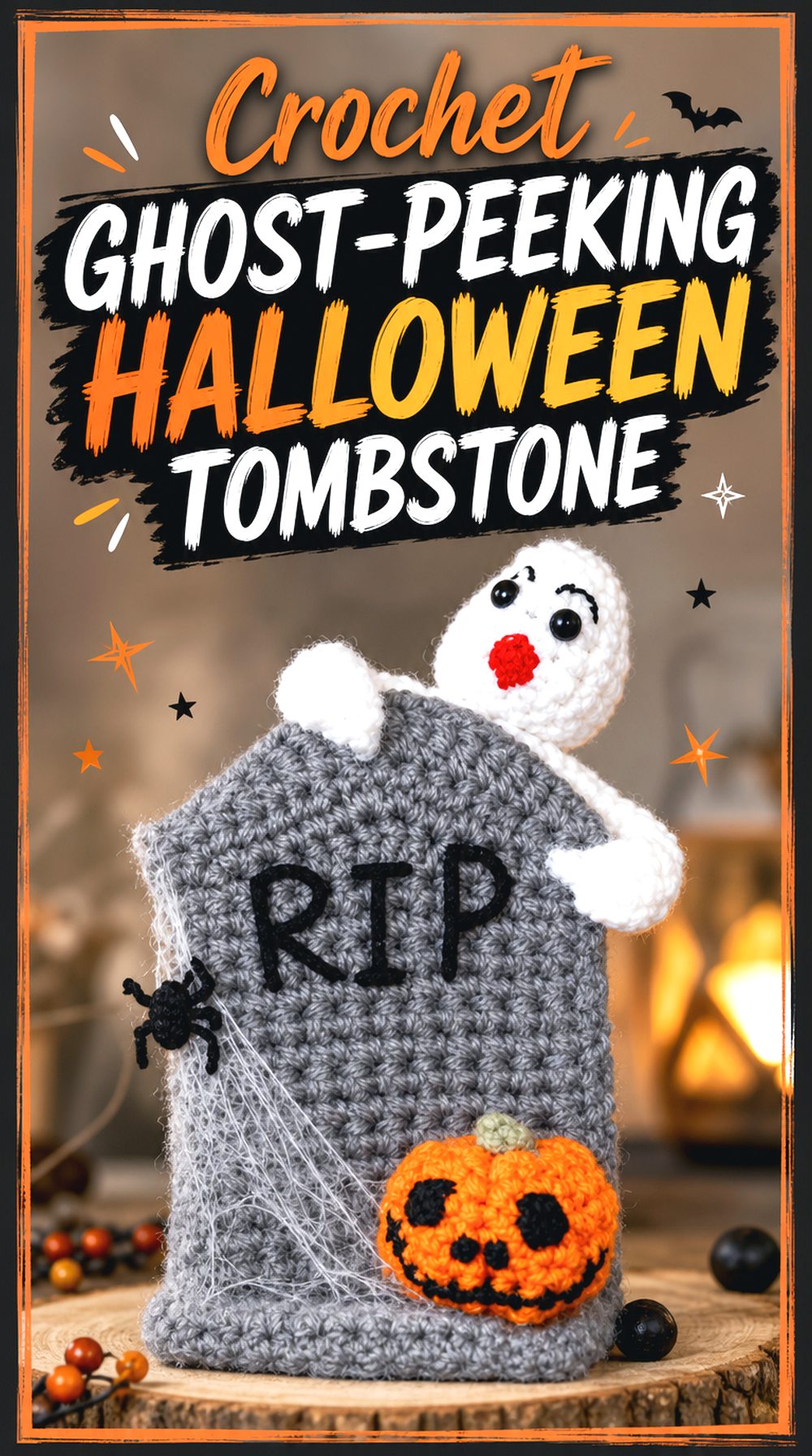 Crochet Ghost Peeking Halloween Tombstone