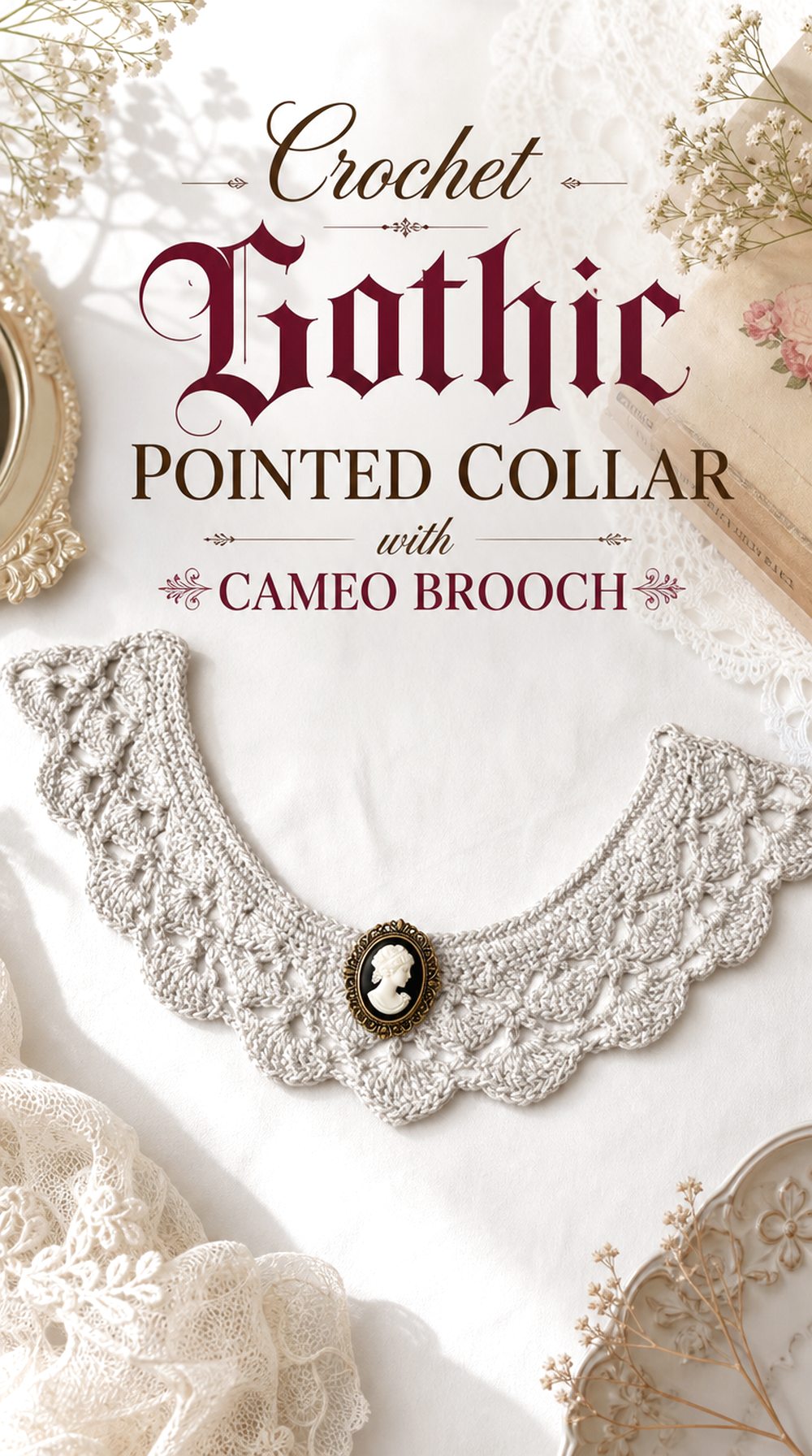 Crochet Gothic Pointed Collar with Cameo Brooch