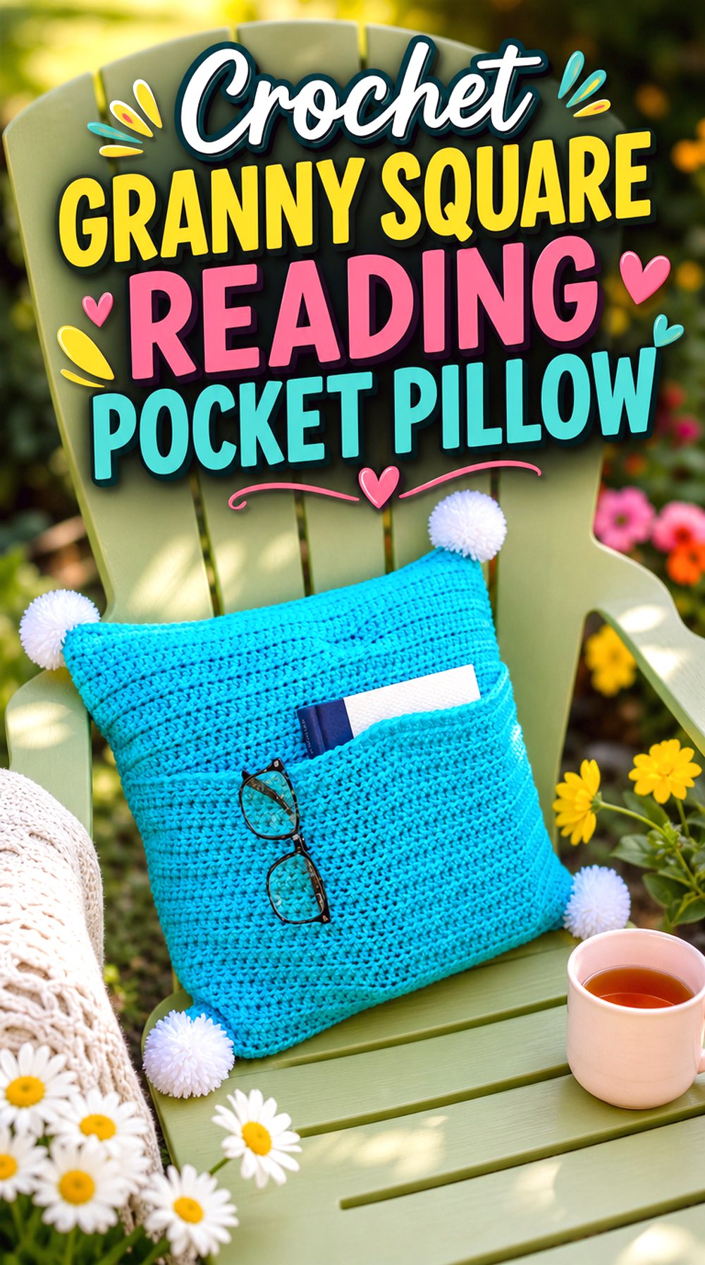 Crochet Granny Square Reading Pocket Pillow