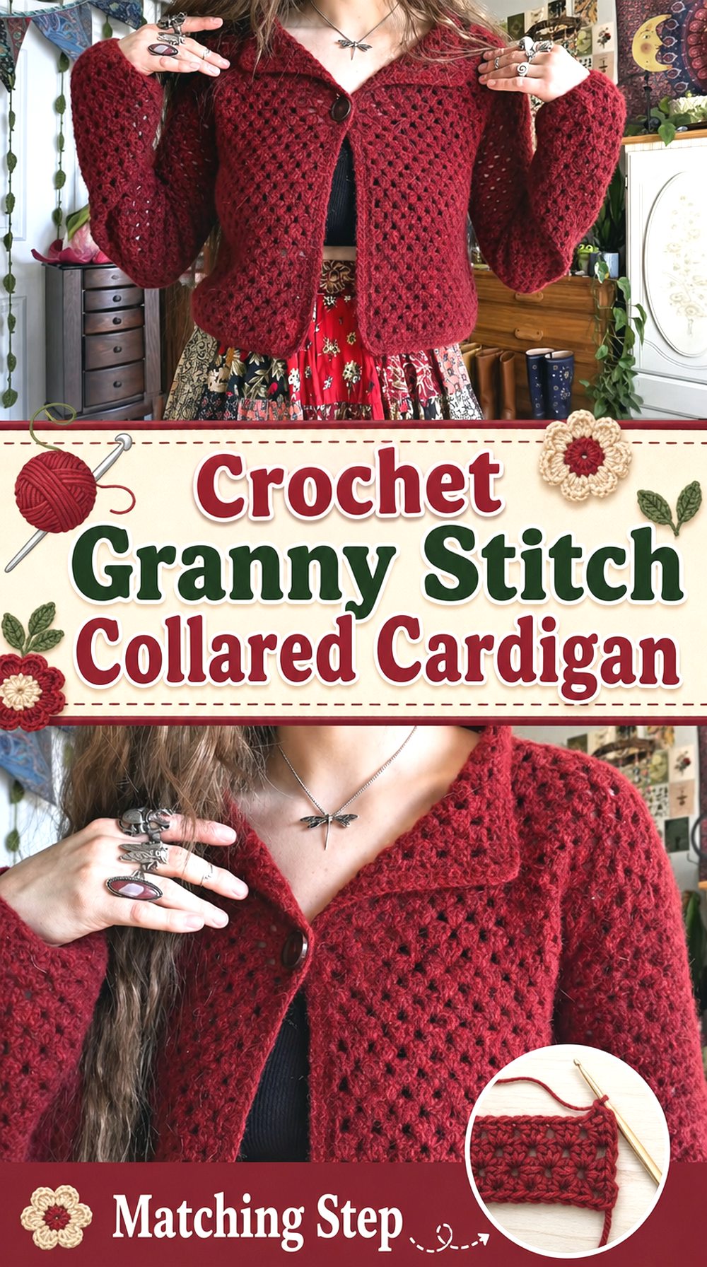 Crochet Granny Stitch Collared Cardigan