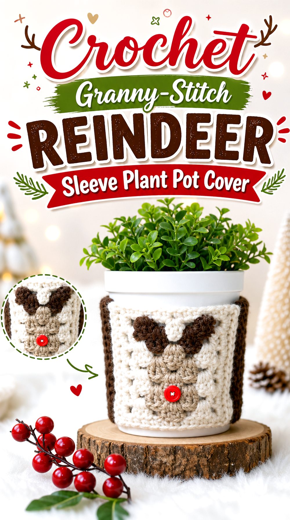 Crochet Granny Stitch Reindeer Sleeve Plant Pot Cover