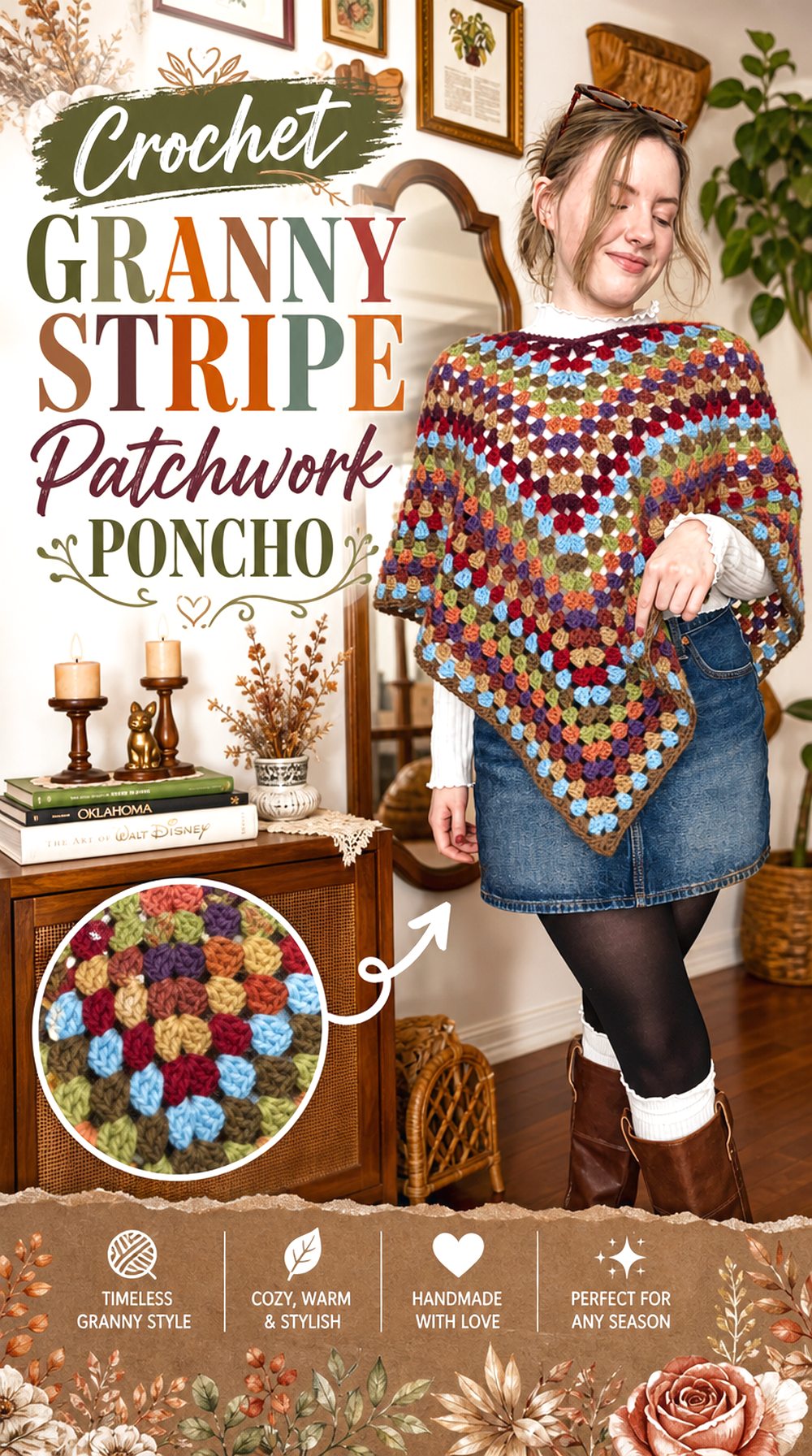 Crochet Granny Stripe Patchwork Poncho
