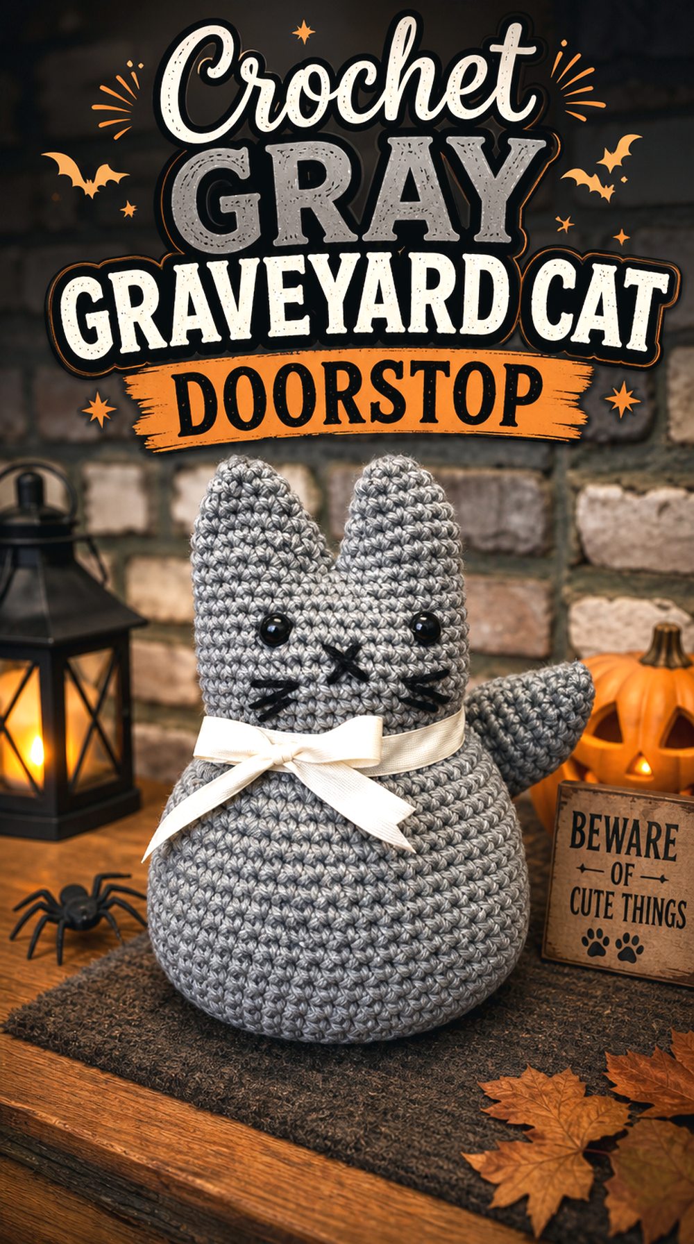Crochet Gray Graveyard Cat Doorstop