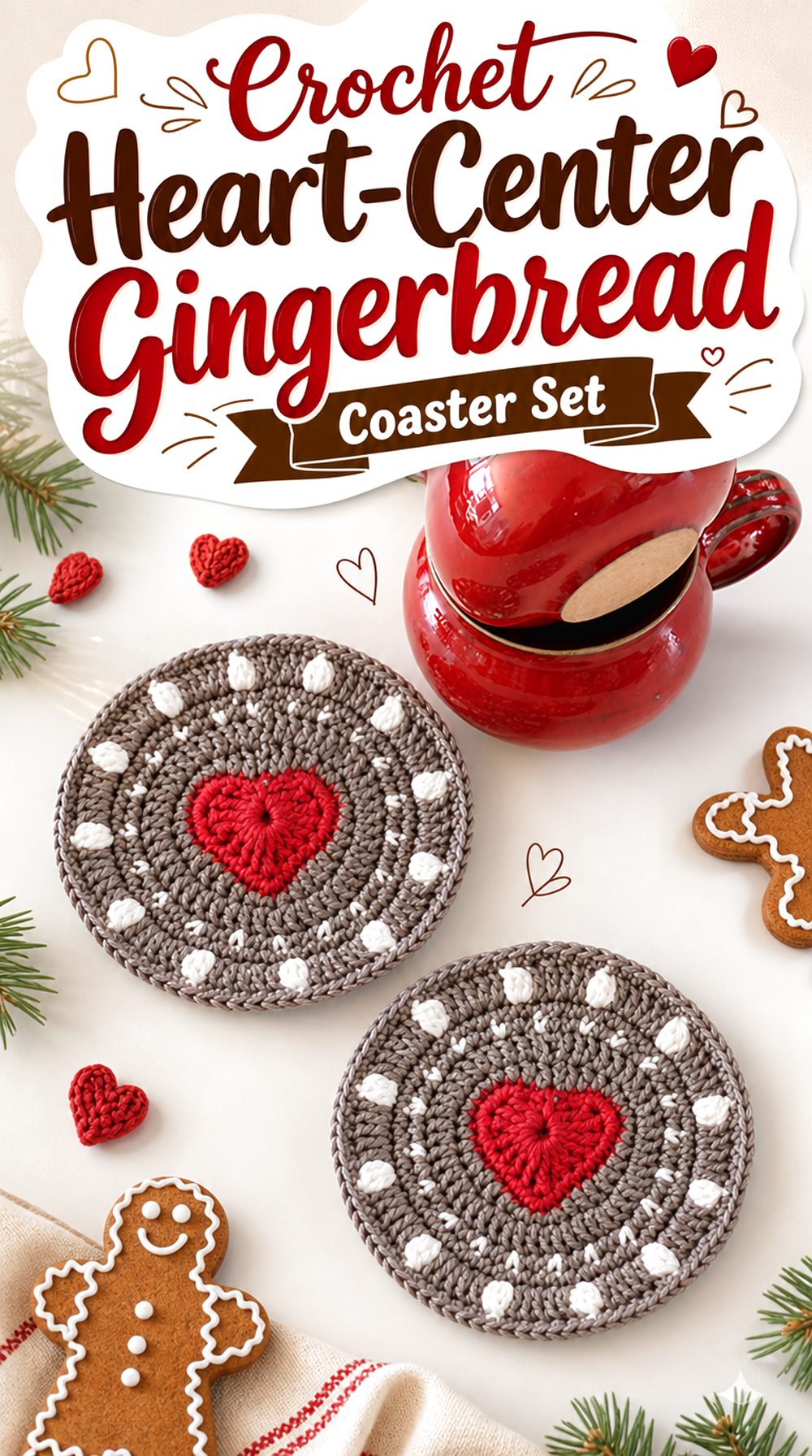 Crochet Heart Center Gingerbread Coaster Set
