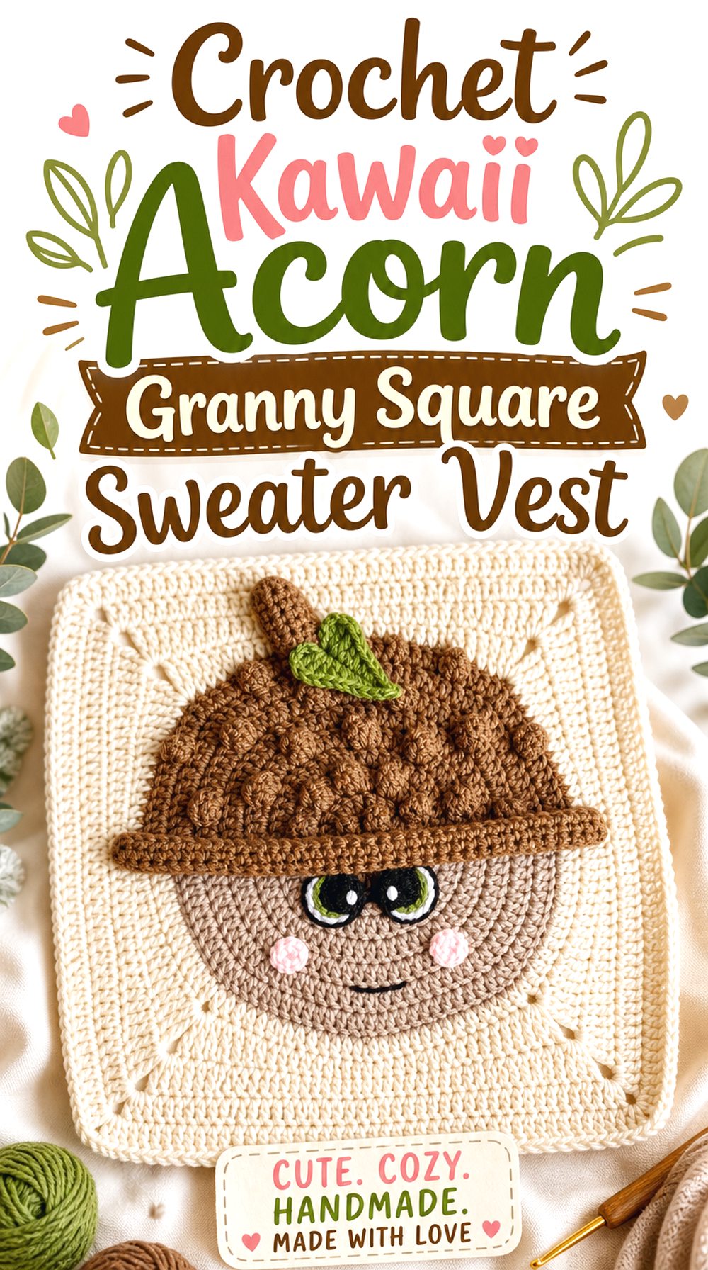 Crochet Kawaii Acorn Granny Square Sweater Vest
