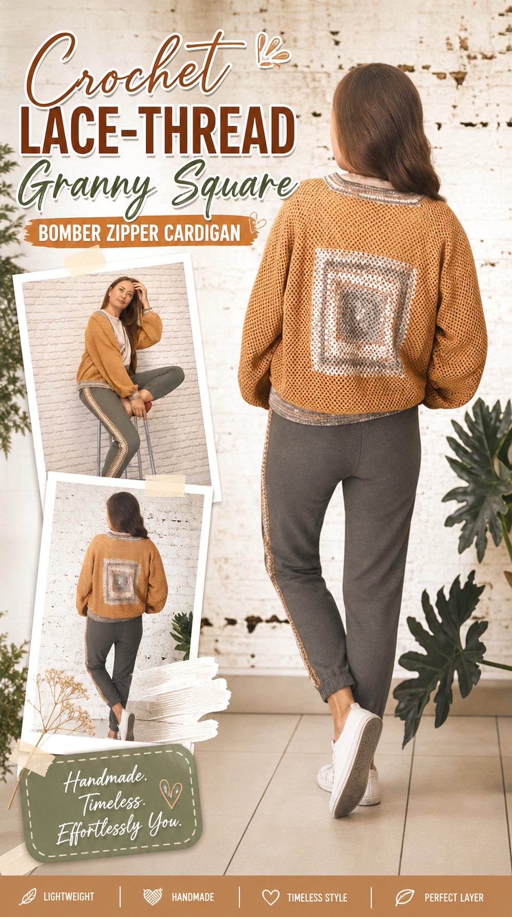 Crochet Lace Thread Granny Square Bomber Zipper Cardigan