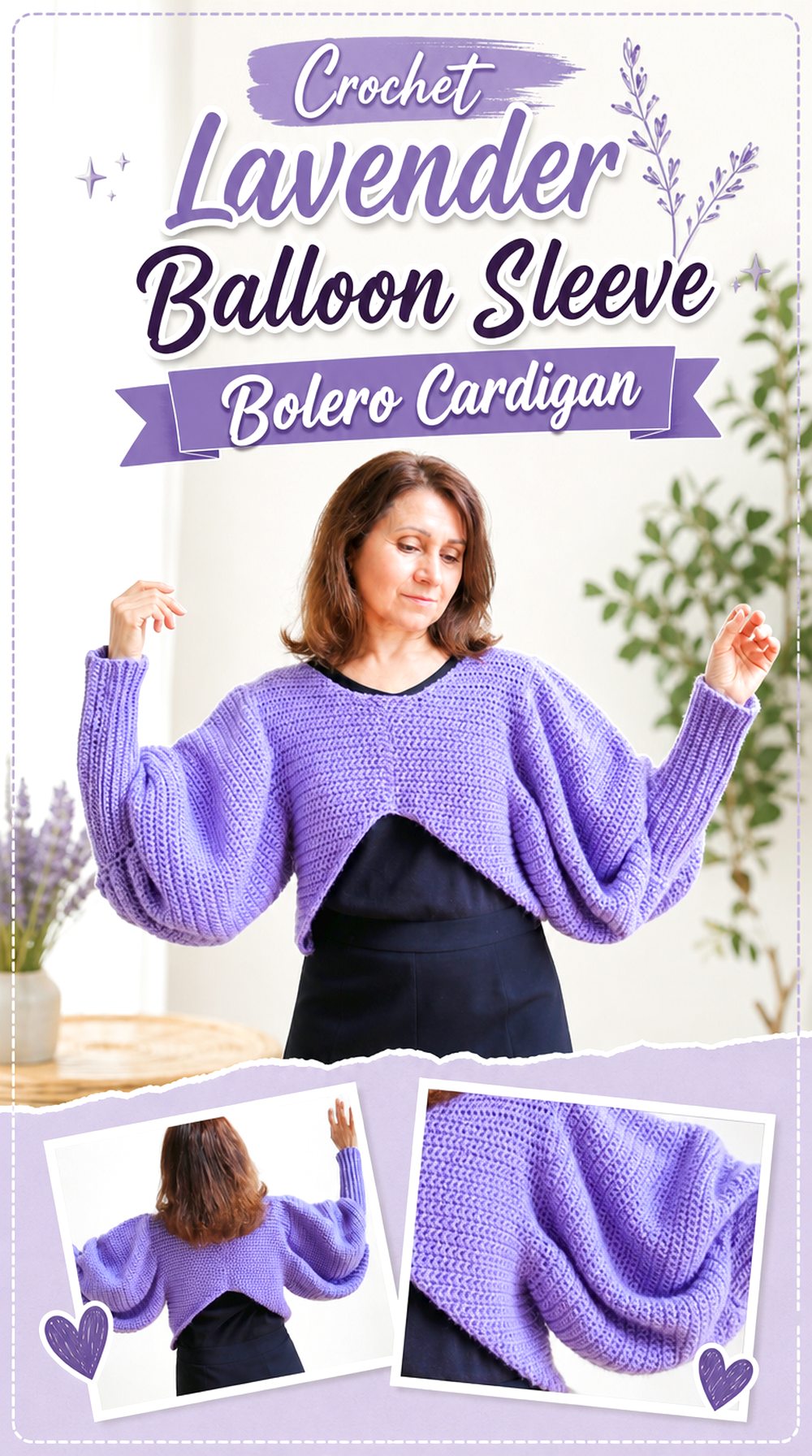 Crochet Lavender Balloon Sleeve Bolero Cardigan