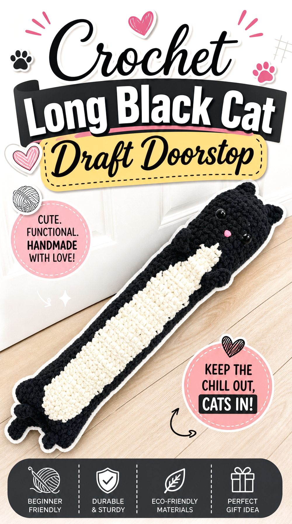 Crochet Long Black Cat Draft Doorstop