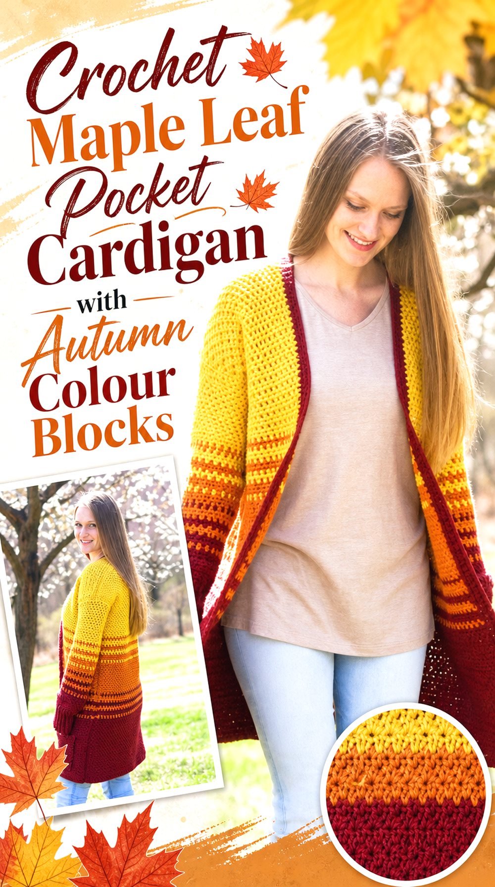 Crochet Maple Leaf Pocket Cardigan with Autumn Colour Blocks