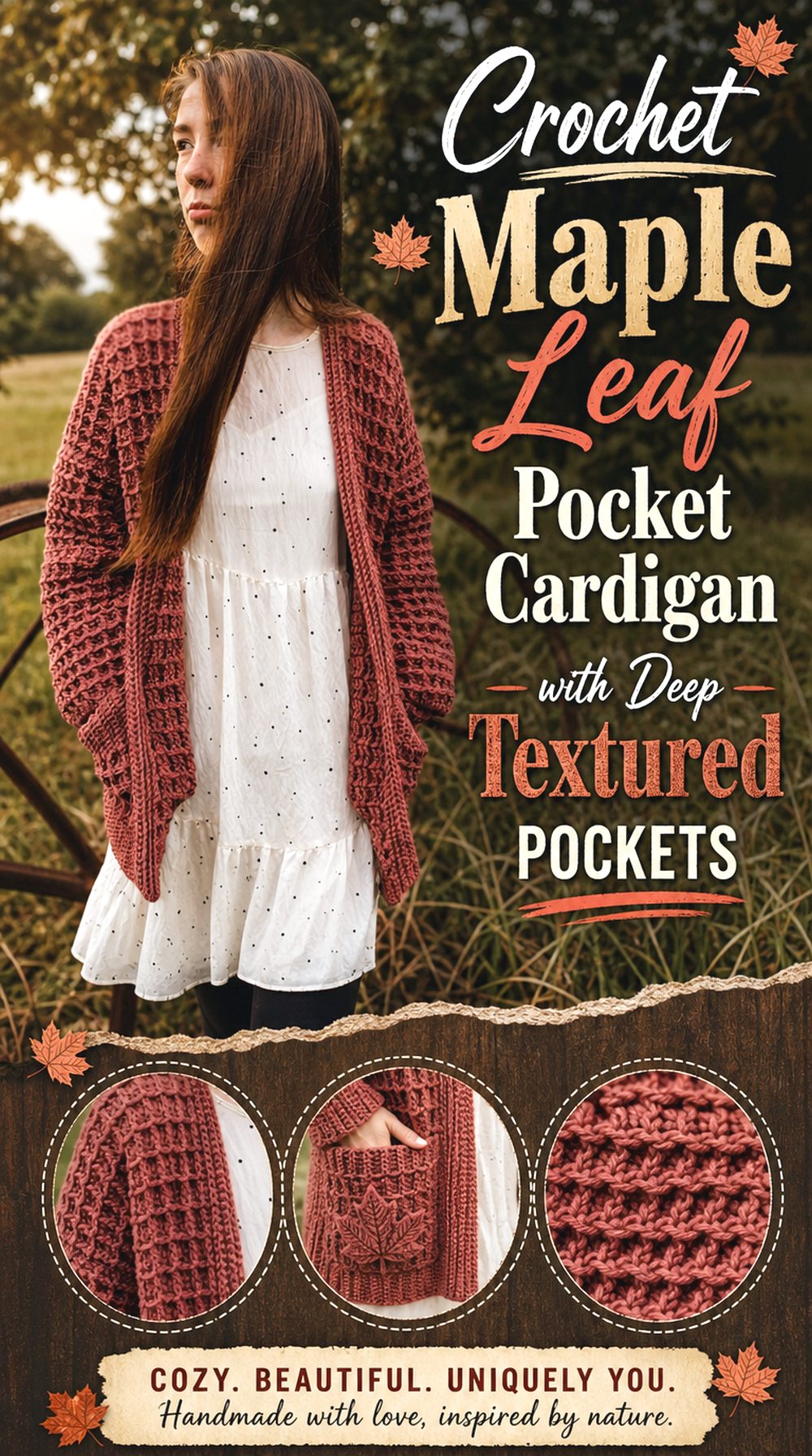 Crochet Maple Leaf Pocket Cardigan with Deep Textured Pockets