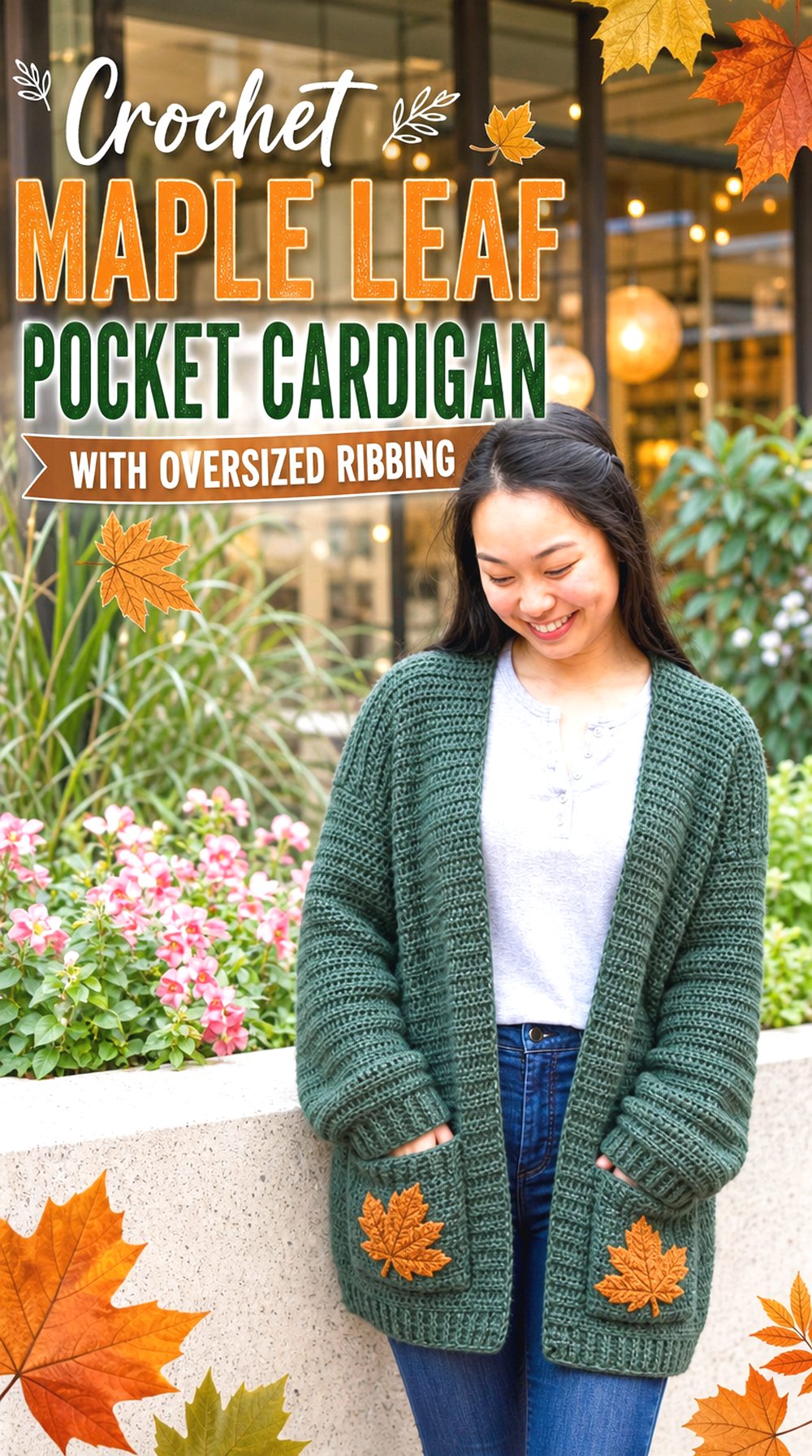Crochet Maple Leaf Pocket Cardigan with Oversized Ribbing