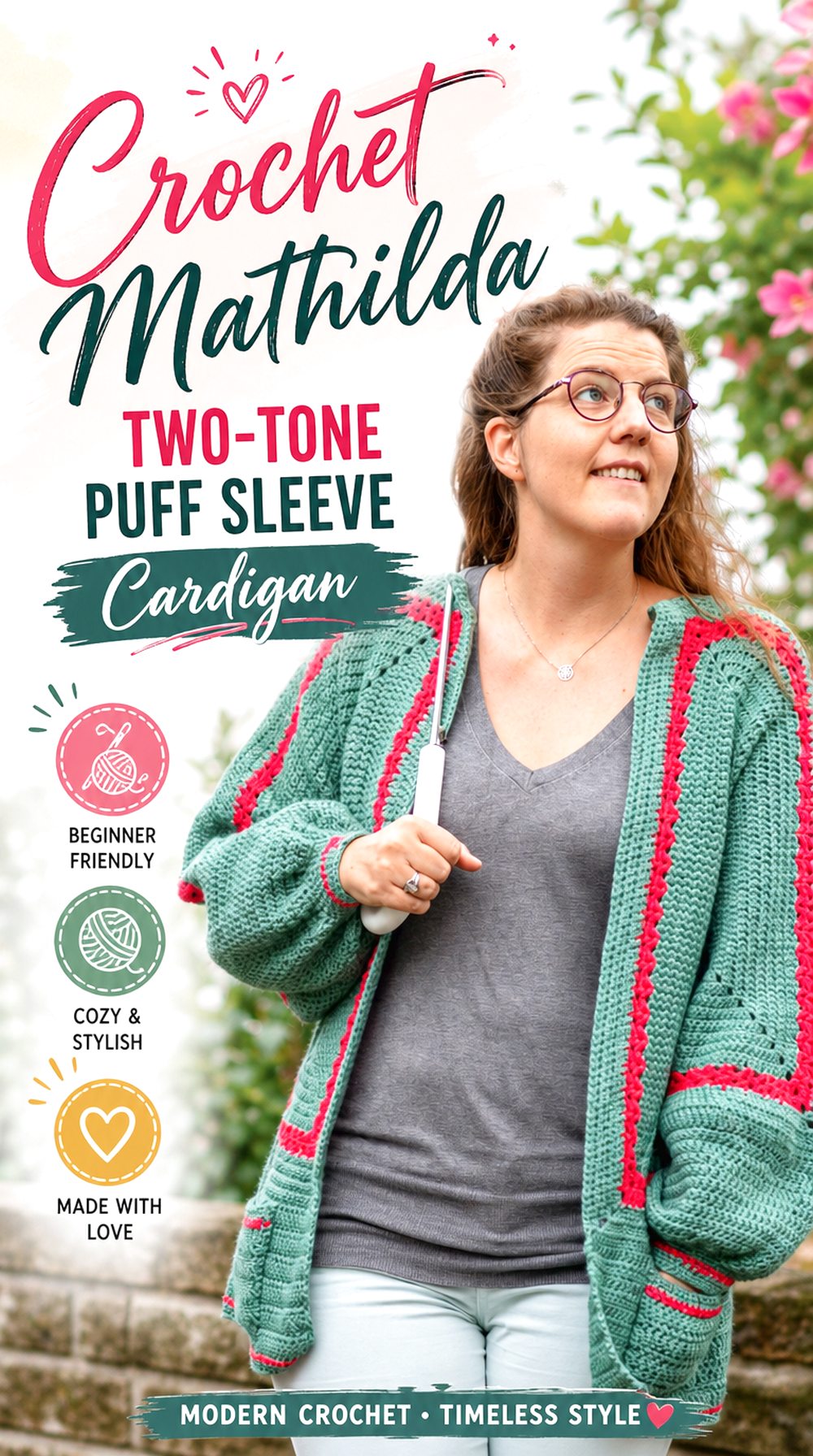 Crochet Mathilda Two Tone Puff Sleeve Cardigan
