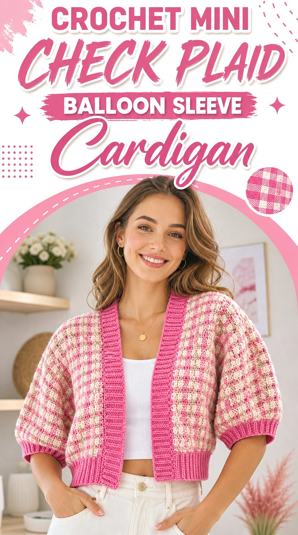 Crochet Mini Check Plaid Balloon Sleeve Cardigan