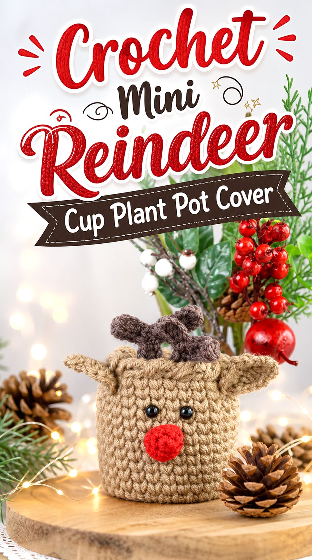 Crochet Mini Reindeer Cup Plant Pot Cover
