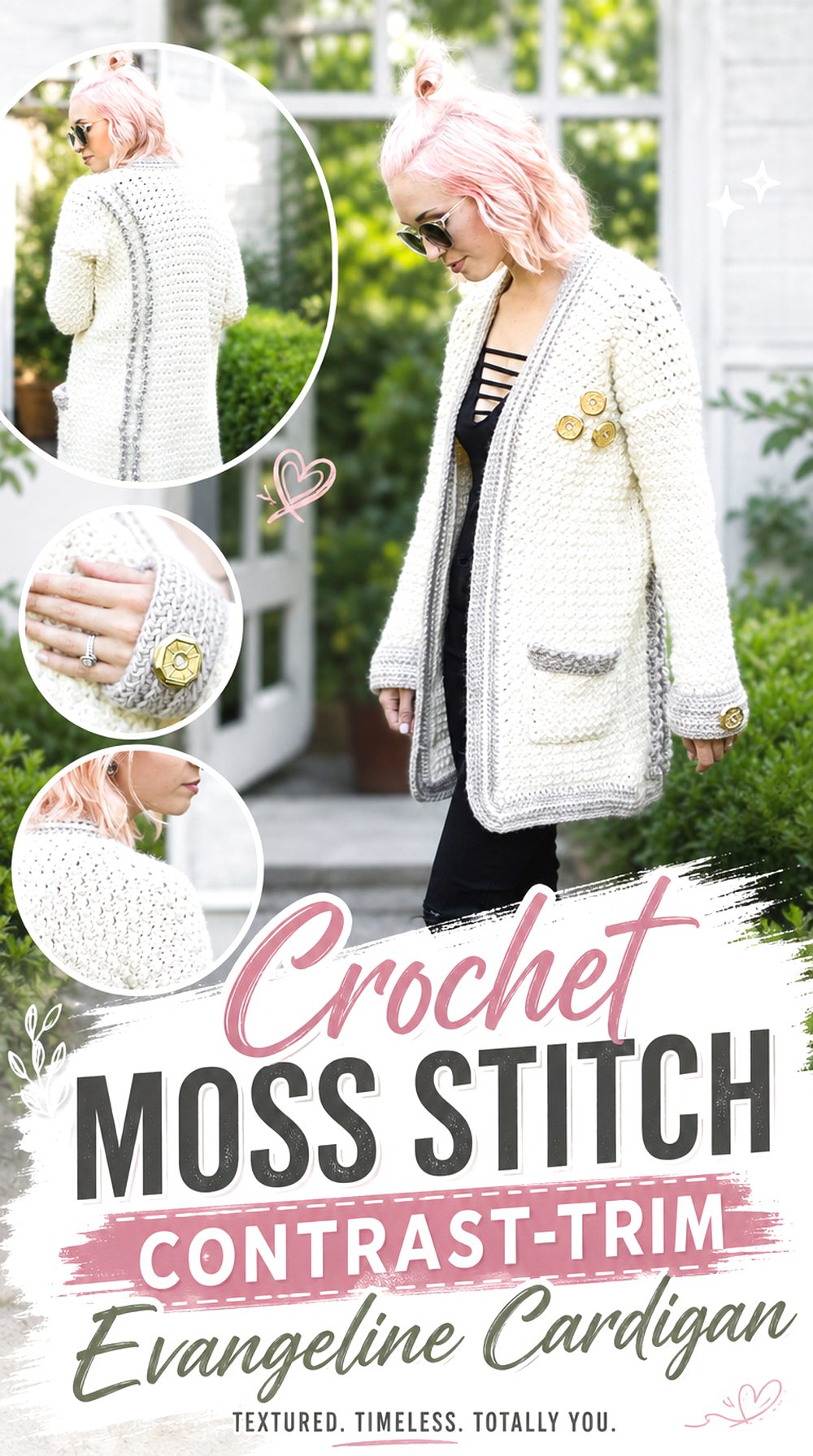 Crochet Moss Stitch Contrast Trim Evangeline Cardigan