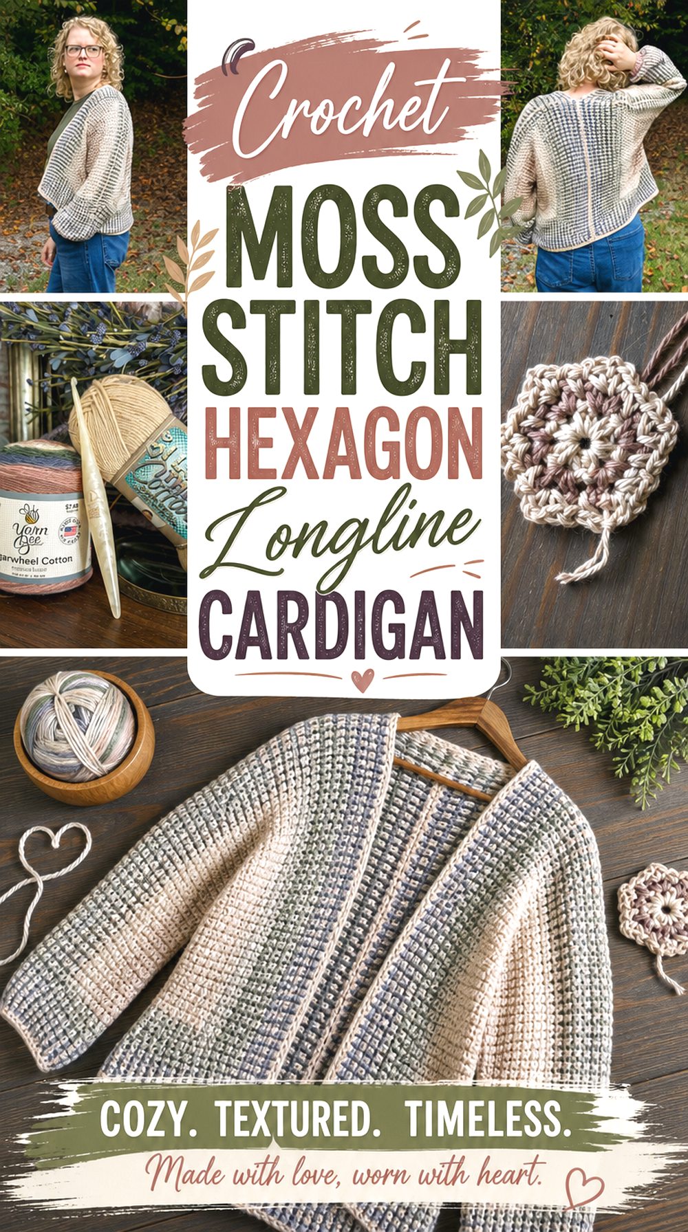 Crochet Moss Stitch Hexagon Longline Cardigan