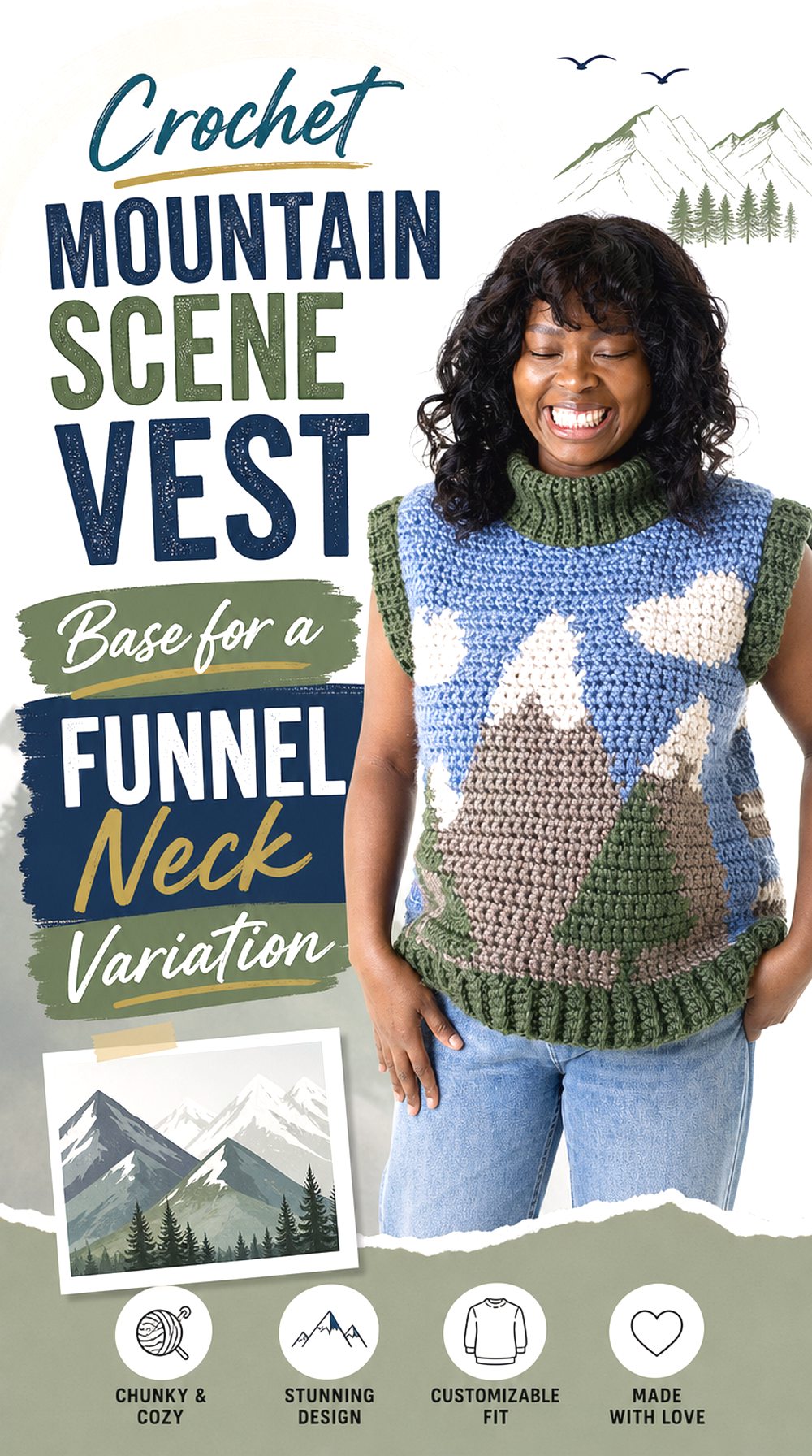 Crochet Mountain Scene Vest Base for a Funnel Neck Variation