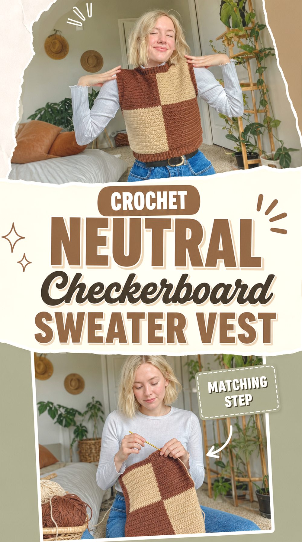 Crochet Neutral Checkerboard Sweater Vest