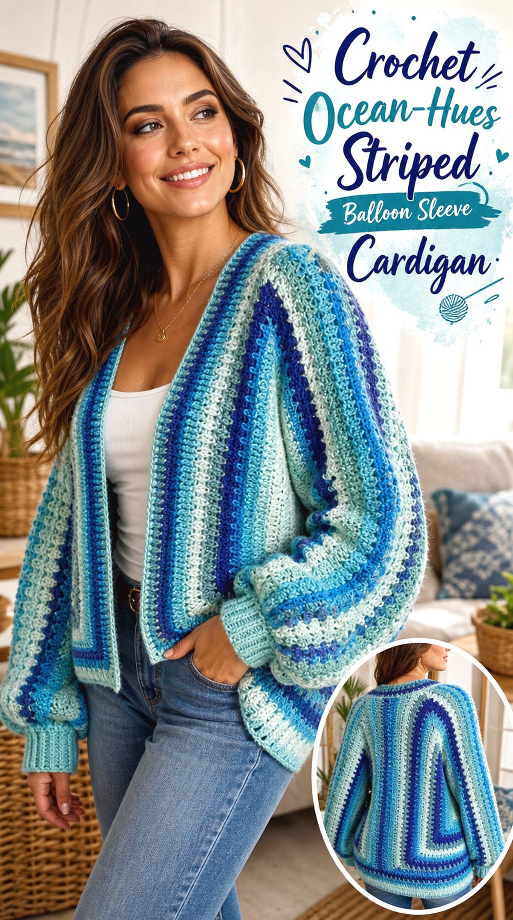 Crochet Ocean Hues Striped Balloon Sleeve Cardigan
