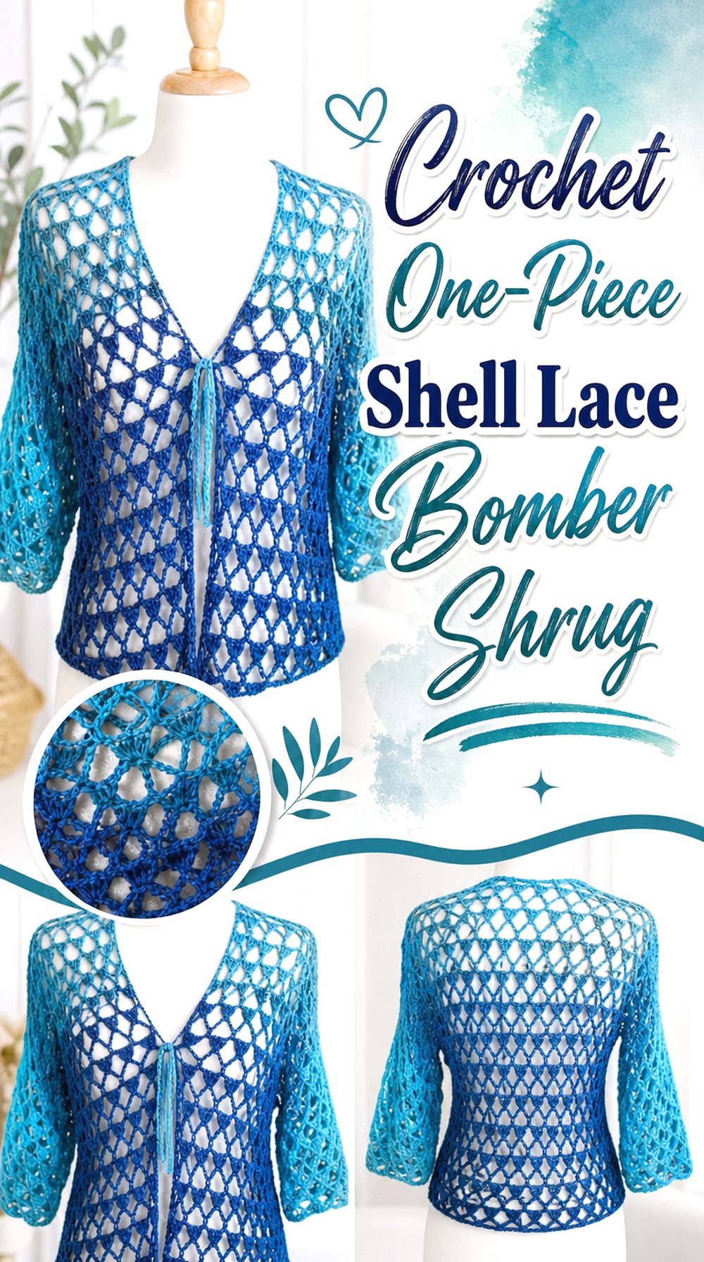 Crochet One Piece Shell Lace Bomber Shrug