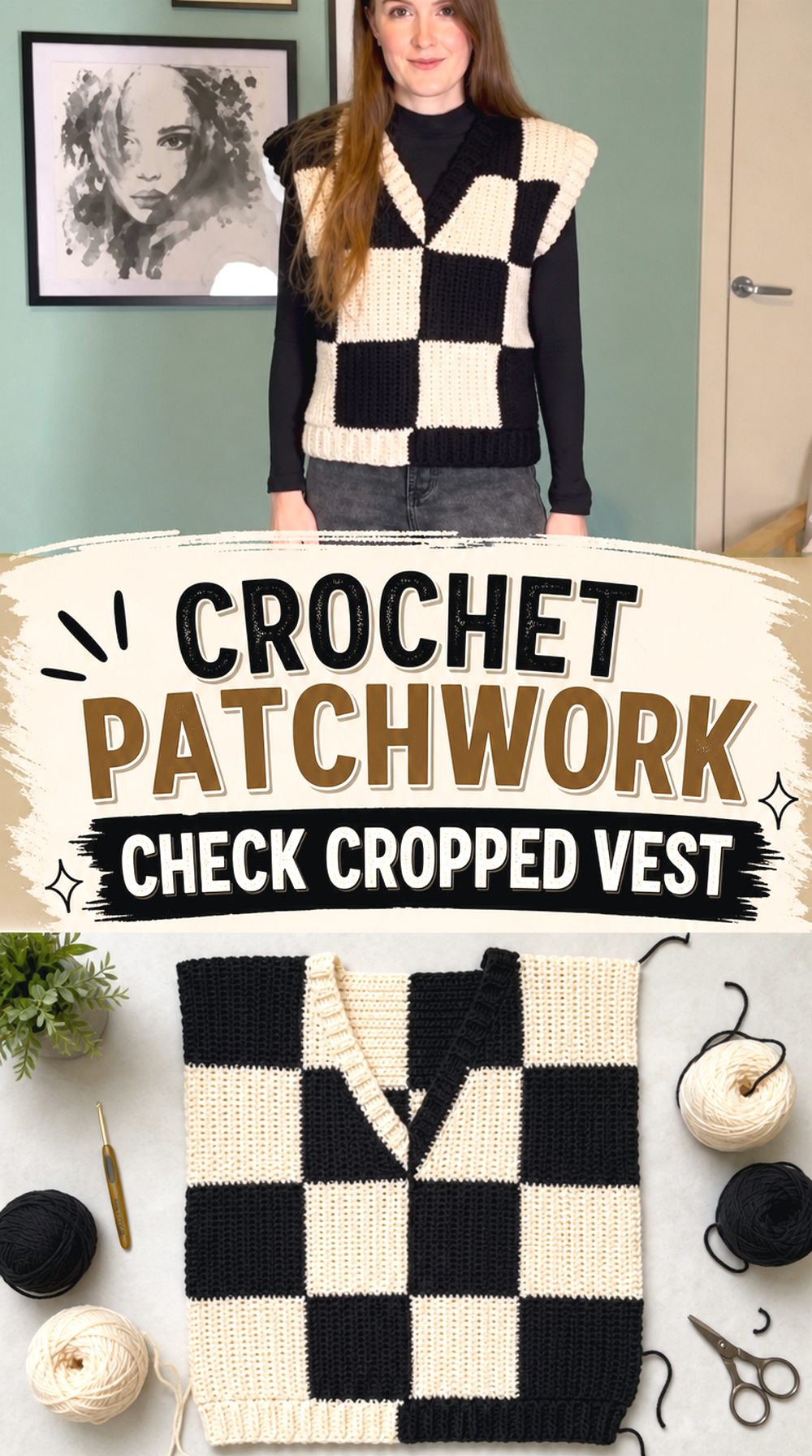 Crochet Patchwork Check Cropped Vest