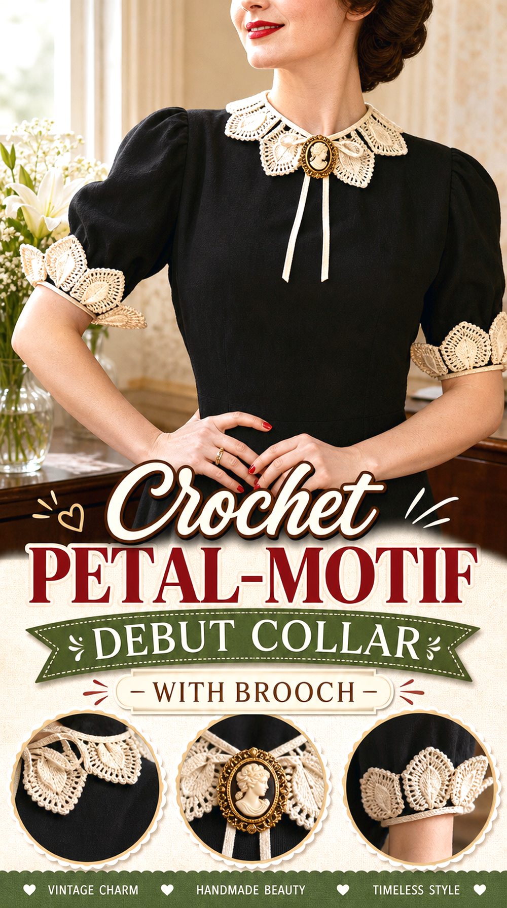 Crochet Petal Motif Debut Collar with Brooch