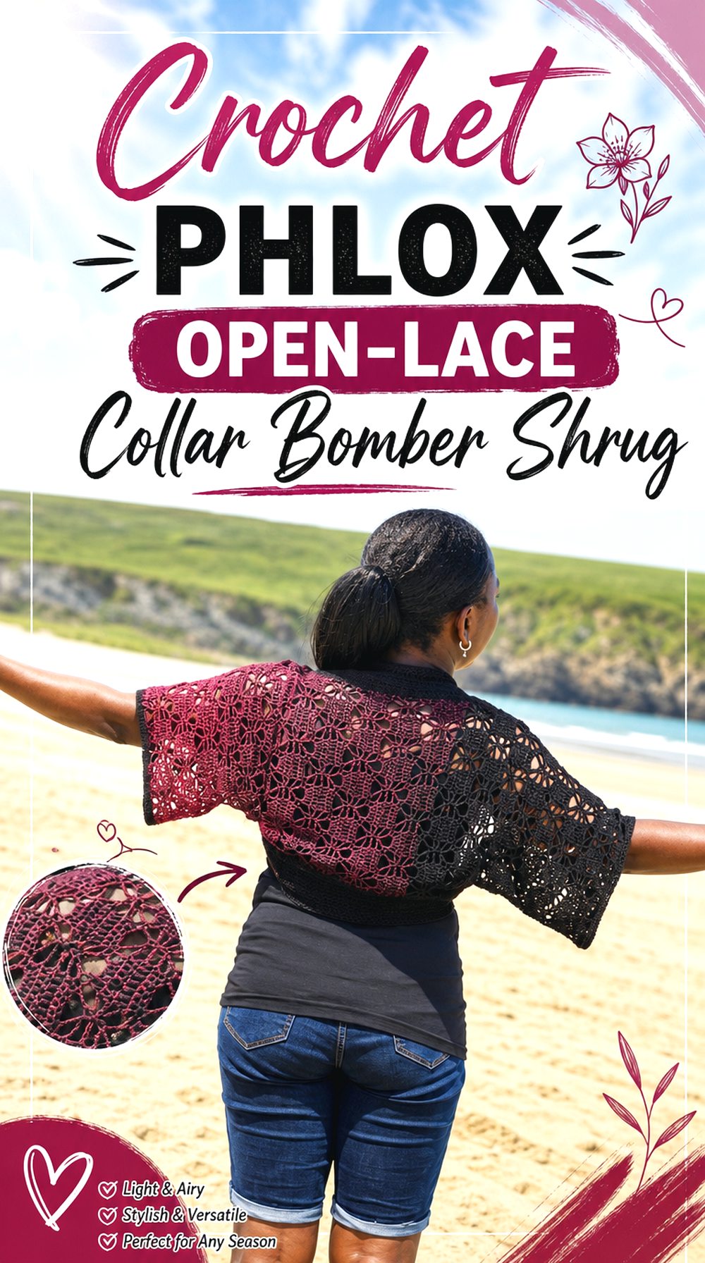 Crochet Phlox Open Lace Collar Bomber Shrug