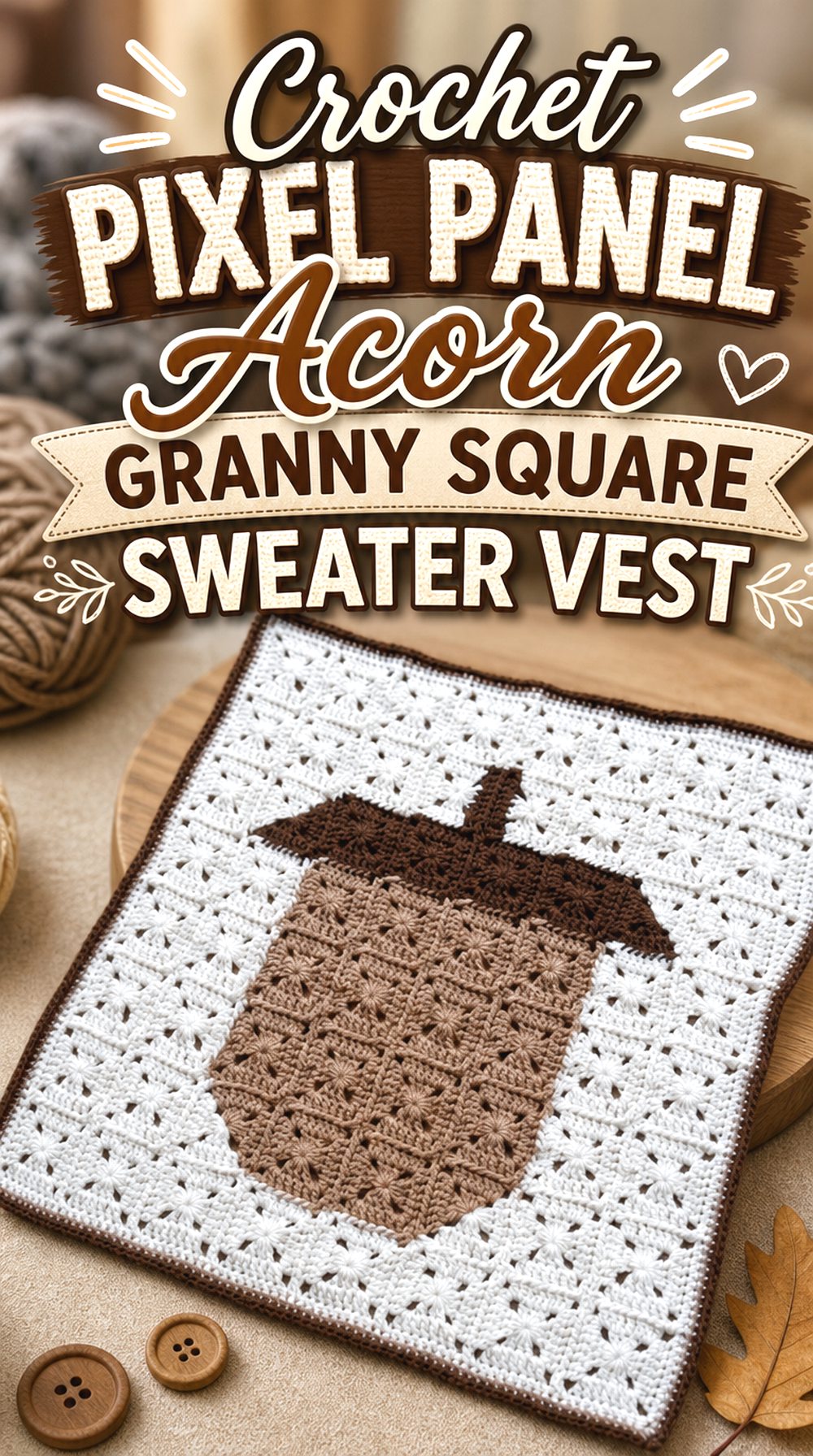 Crochet Pixel Panel Acorn Granny Square Sweater Vest
