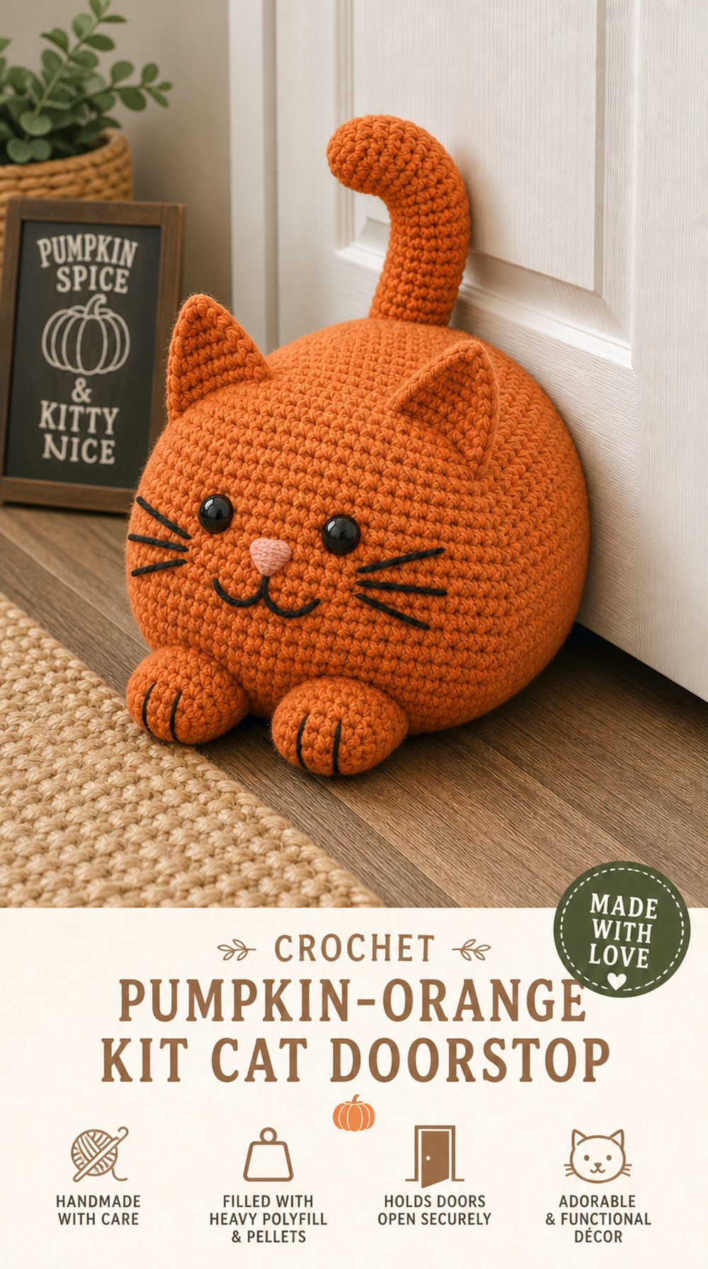 Crochet Pumpkin Orange Kit Cat Doorstop