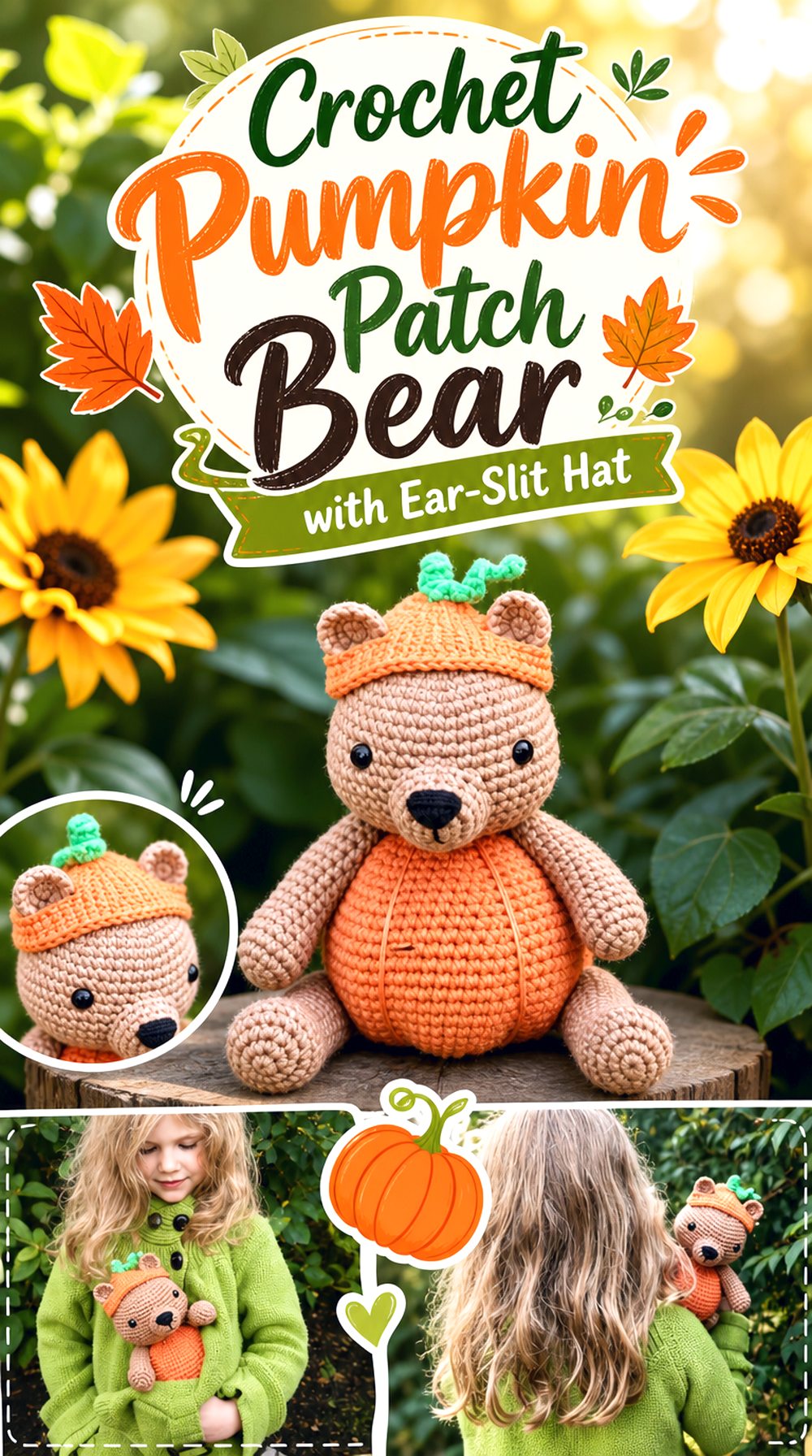 Crochet Pumpkin Patch Bear with Ear Slit Hat