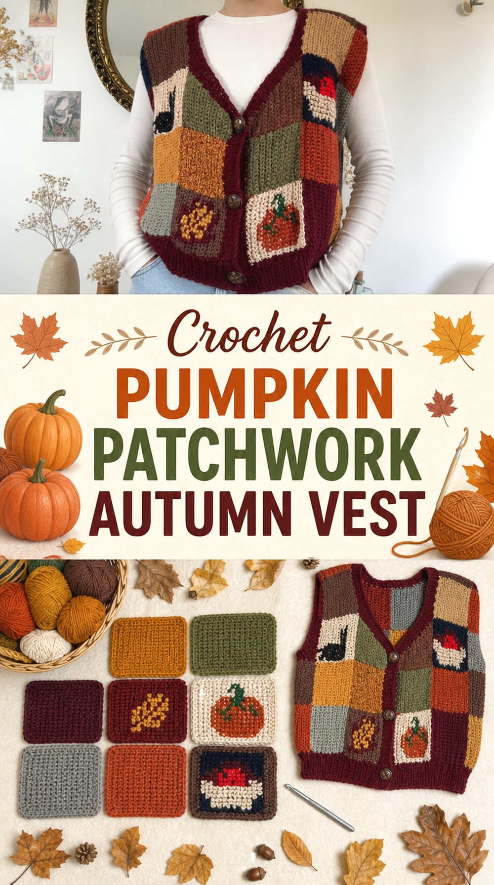 Crochet Pumpkin Patchwork Autumn Vest